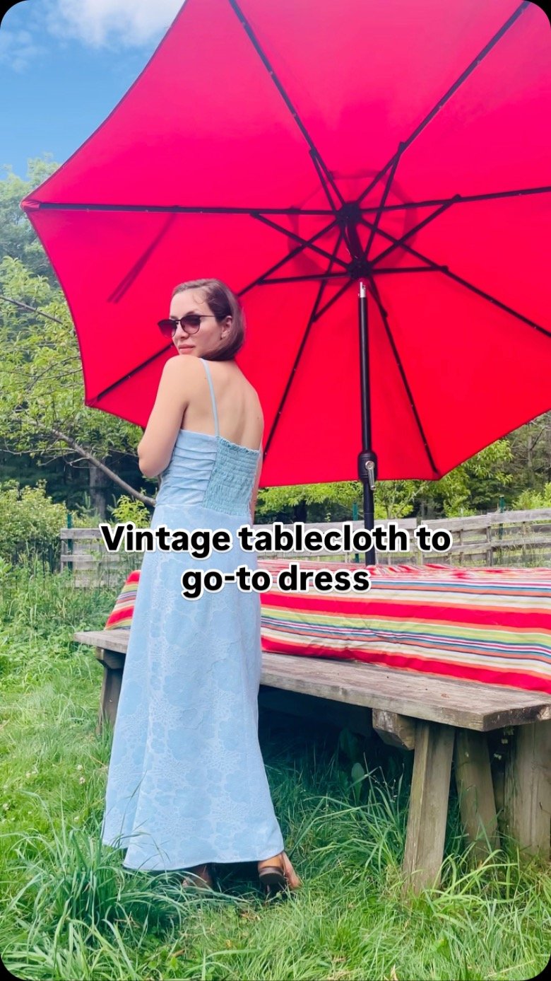 Vintage tablecloth to summer stunner! πͺ‘π
I hadn’t sewn a garment since my high school prom dress, but after turning old clothes into a jacket last month, I’m obsessed! This time, I transformed a stained, holey tablecloth from my mother