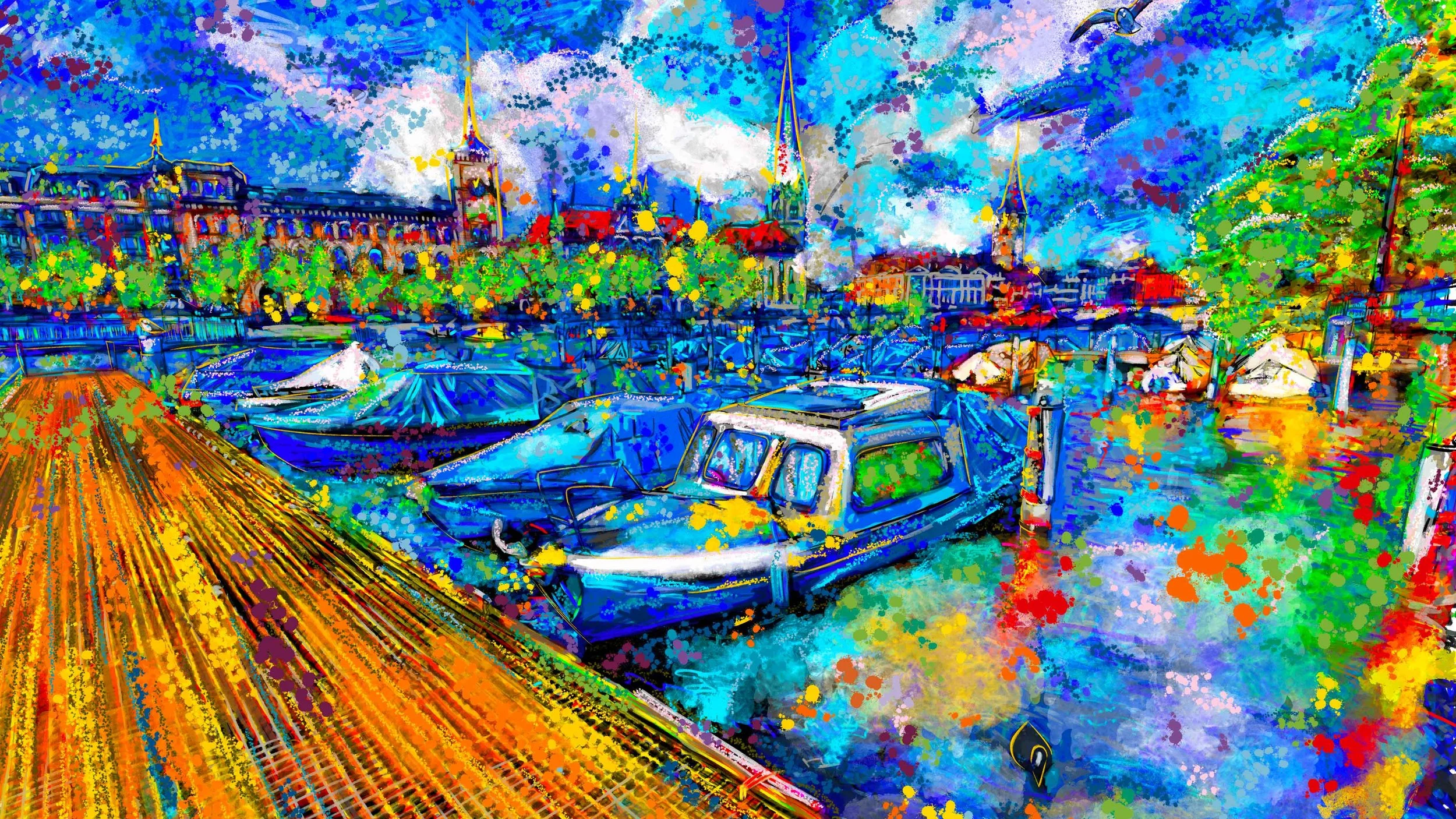 Ipad 20 hours painting in 30 seconds. "Boats on the Lake of Zurich". (Copy)