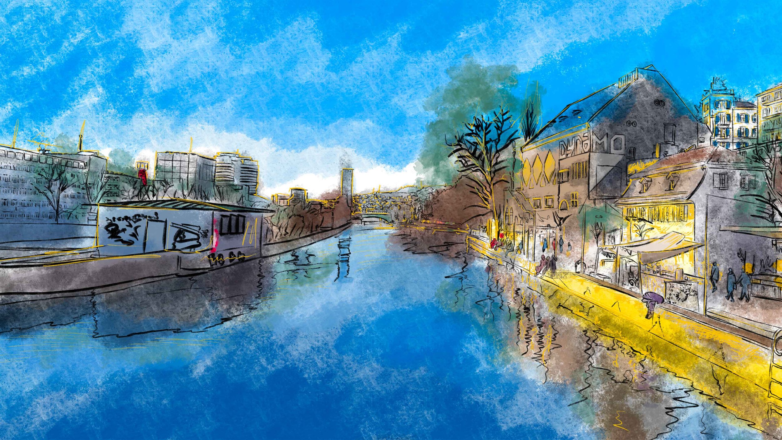 Ipad 4 hours painting in 30 seconds. "Limmat river in Zurich near Dynamo". (Copy)