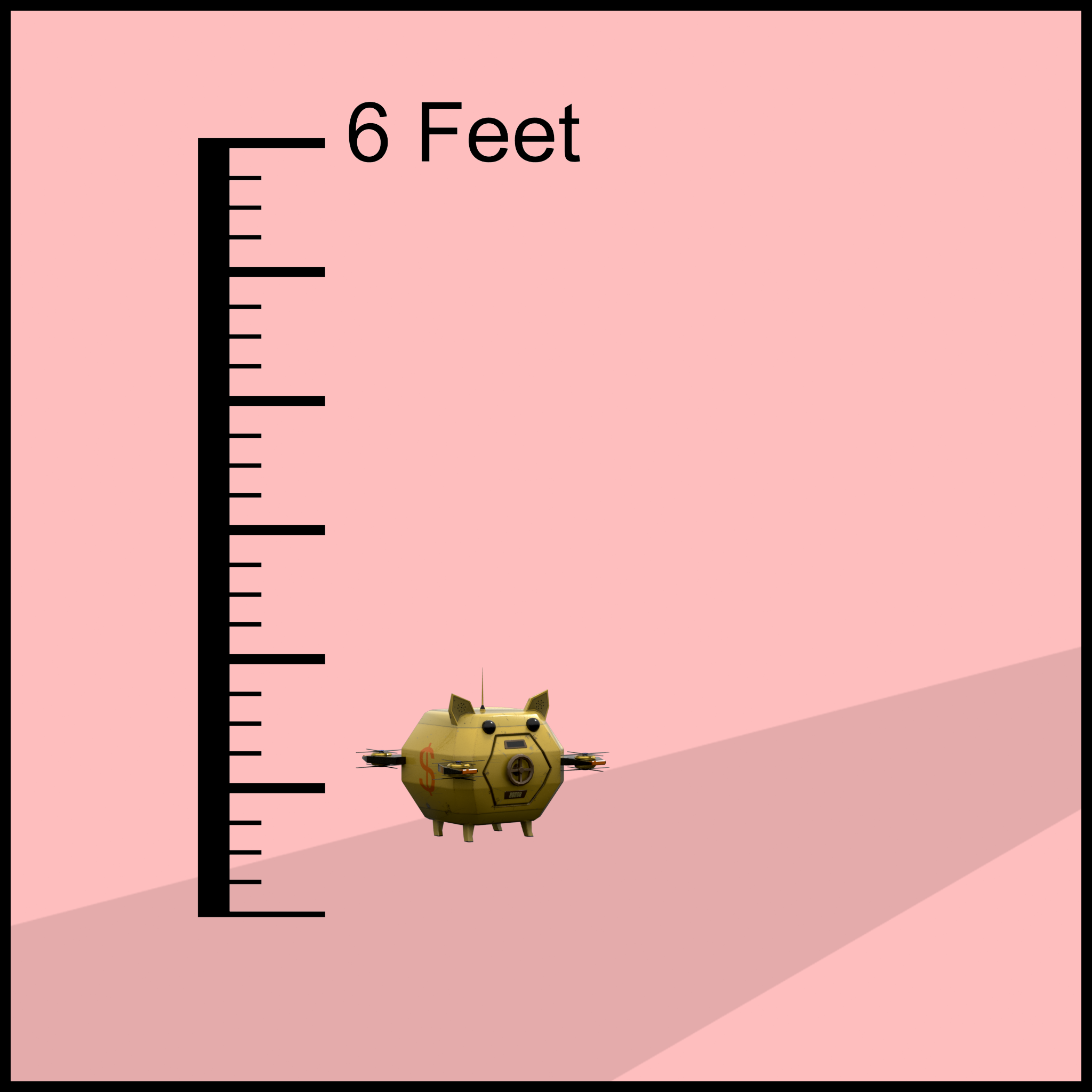 Piggy Bank bot next to scale for size.