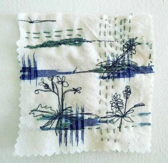 SGD100Discovering the Invisible 4 of 4Textile Art 4 x 4 inches collage, hand painted, free motion embroidery and hand-stitched.