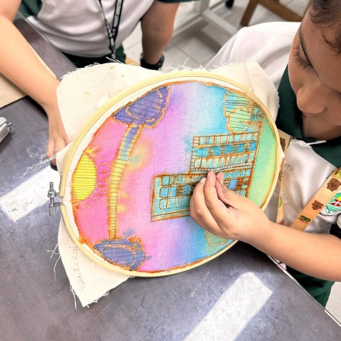 Student embroidery textile art workshop in Singapore