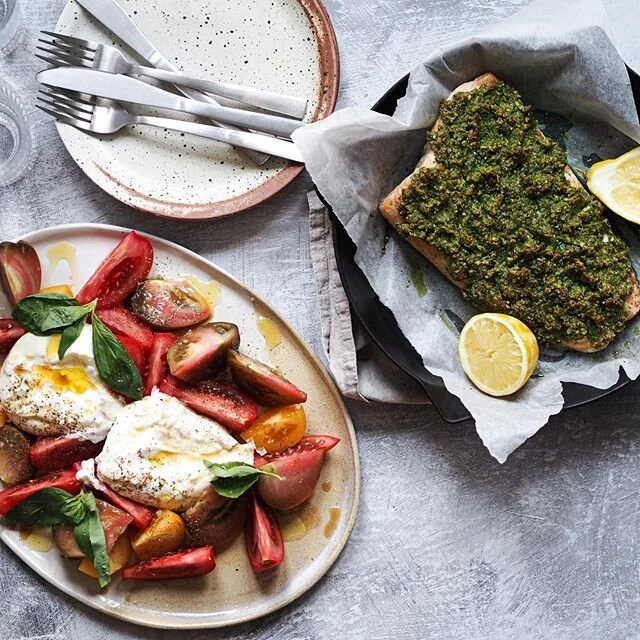 Easy Friday night dinner, burrata and heritage tomatoes with an almond and basil baked salmon. Recipe now up on @graceandthorn website!
One for the midsummer table too if you&rsquo;re lucky enough to be in Sweden celebrating....