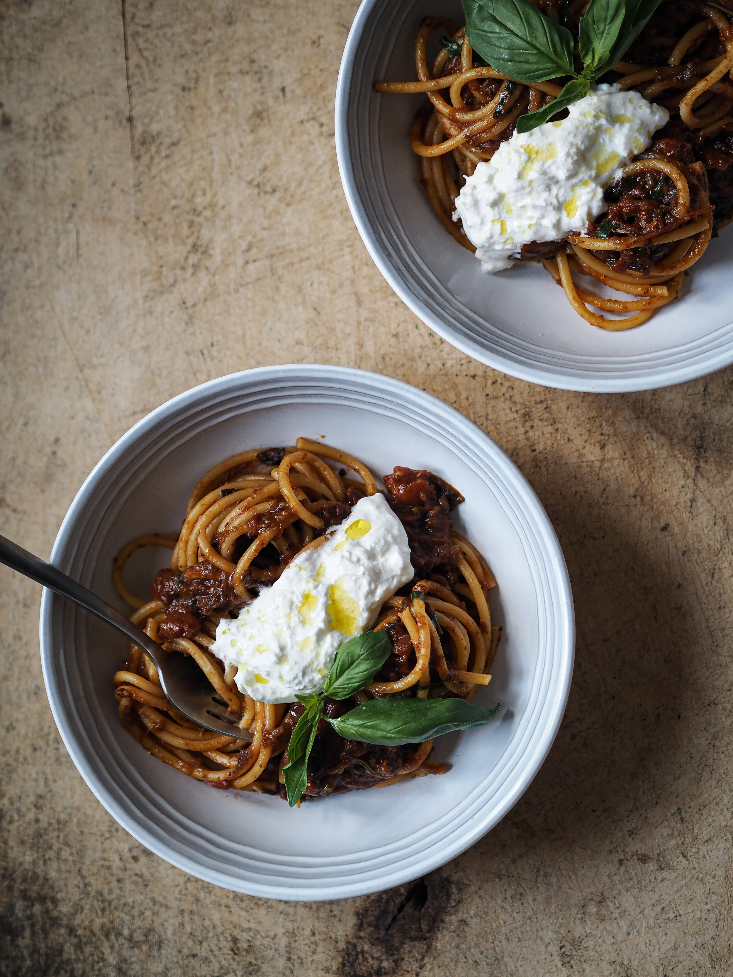 12 hour overnight aubergine ragu with bucatini and burrata
