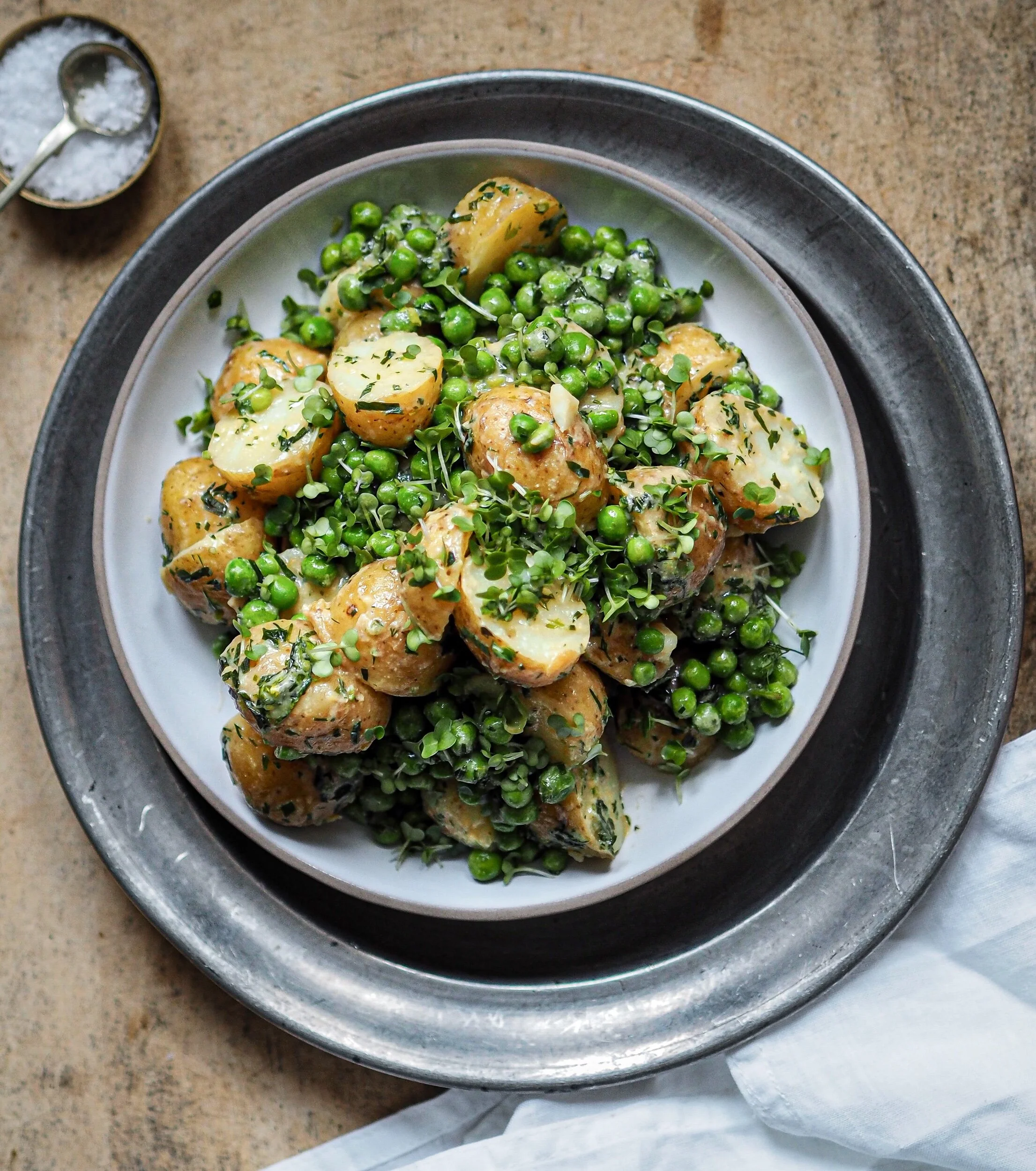 Vegan potato salad with miso and peas