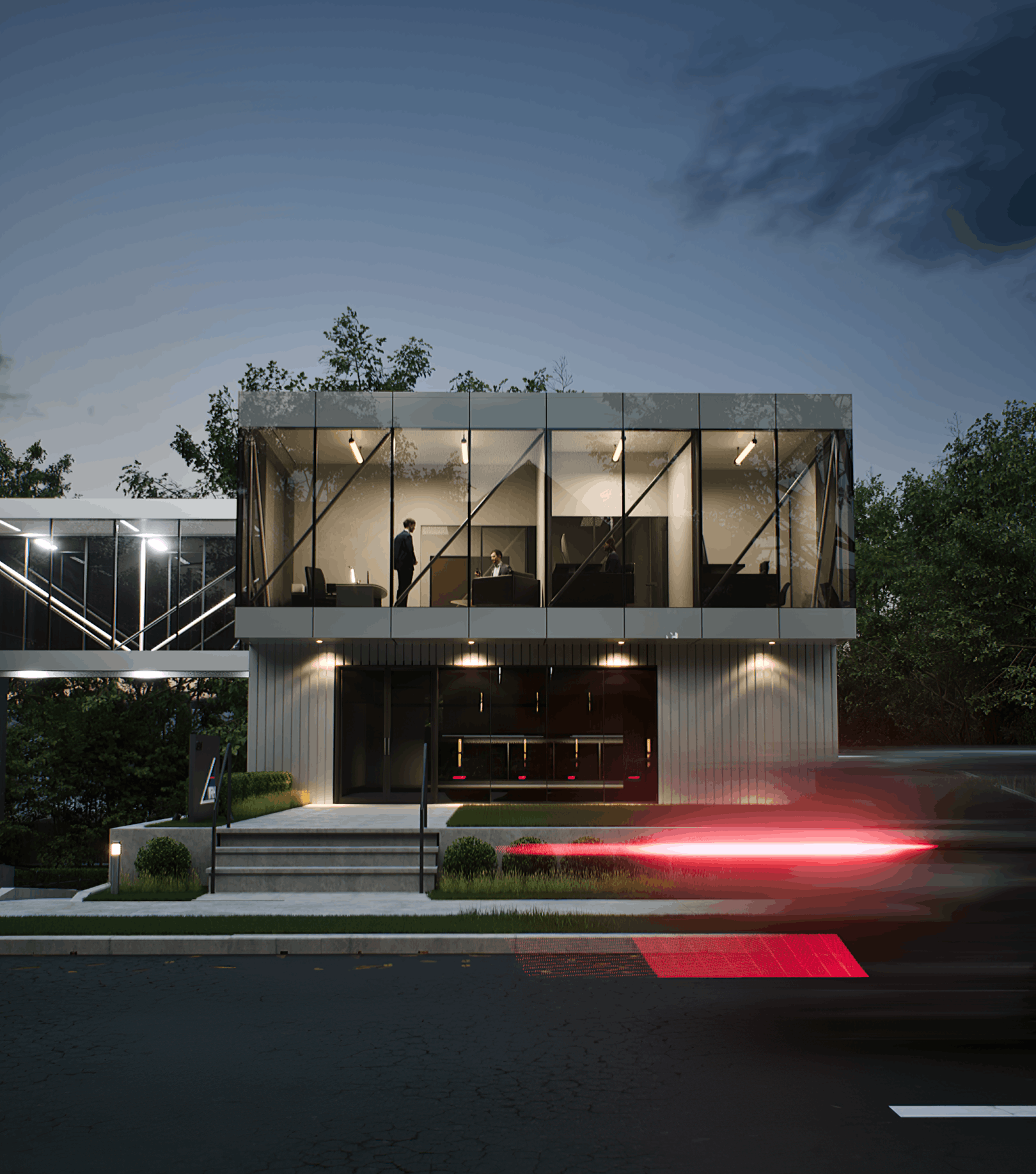  Designed as an addition to VRH Construction’s existing headquarters, the Jet Works Division facility occupies the neighboring lot as a distinctive, stand-alone structure inspired by the form and geometry of airport jet bridges. Housing the division’