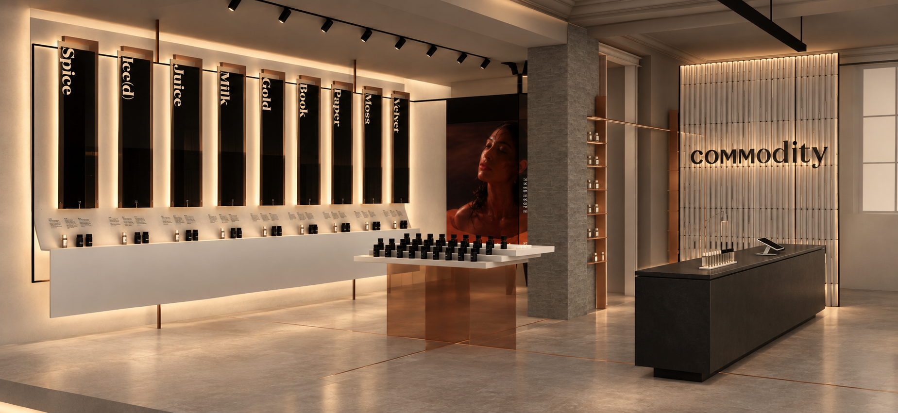  The concept for Commodity Fragrances’ future Paris store brings the deconstructed character of its New York flagship into a more intimate scale within a distinctly Parisian architectural shell. The design translates Commodity’s idea of “Scent Space”