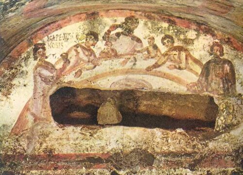 Catacomb Fresco of an early Church underground “Agape Feast”. Little tykes and all.