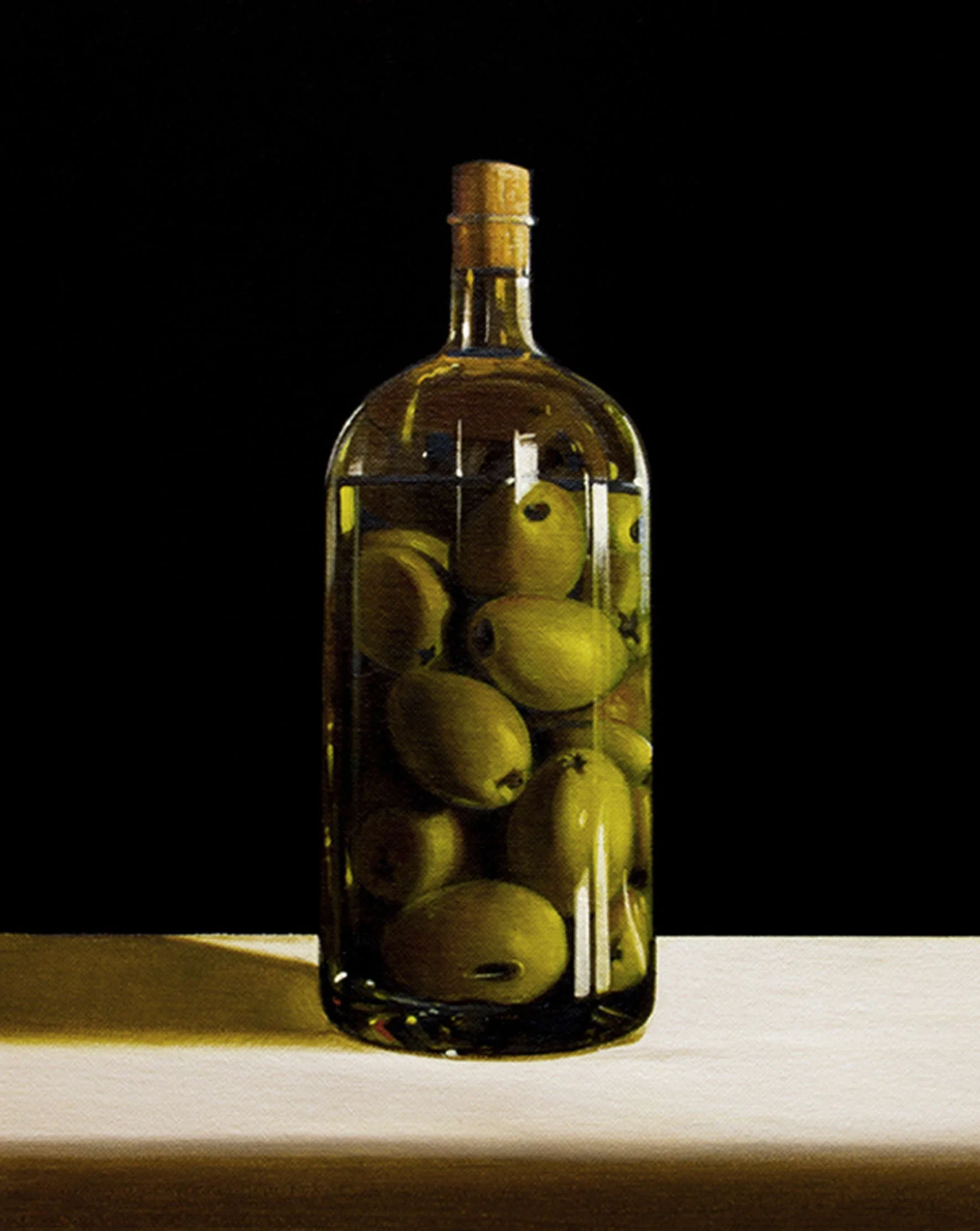 Olives in oil inside a bottle still life painting.
