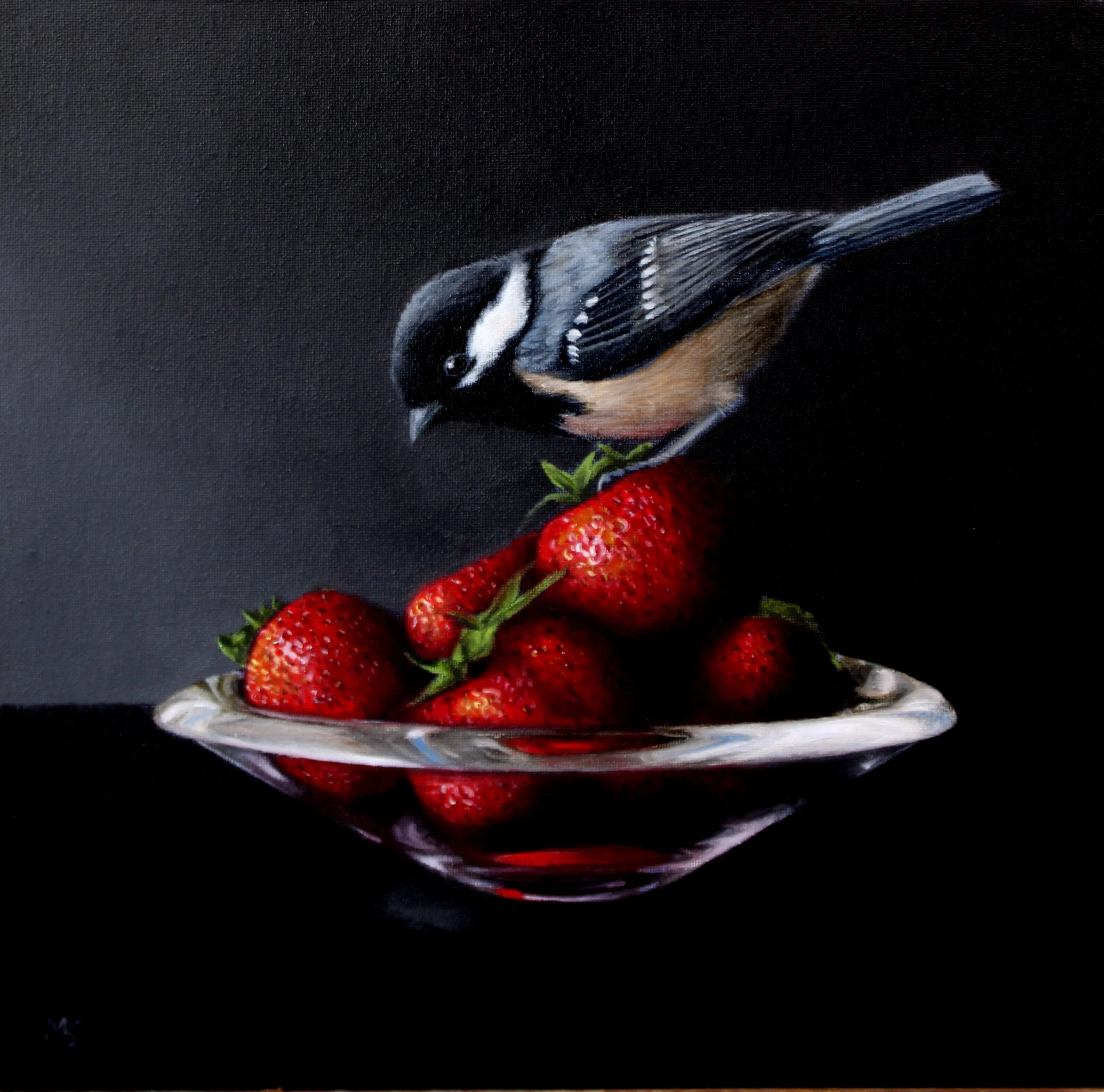Still life of strawberries in a bowl with a coal tit perched on top.