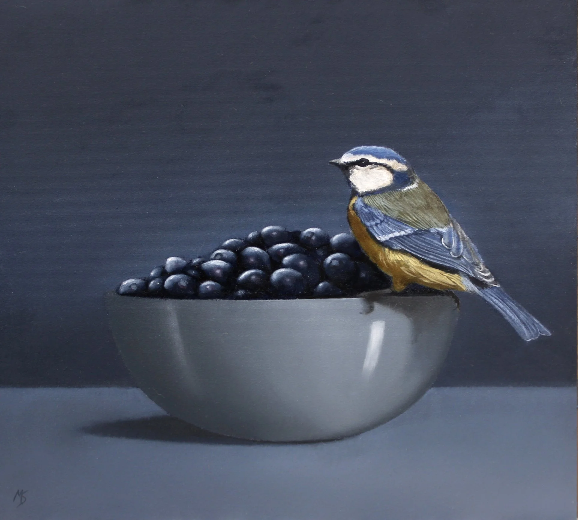 Buy an oil painting of a bluetit and blueberries in a bowl by Mike Skidmore.