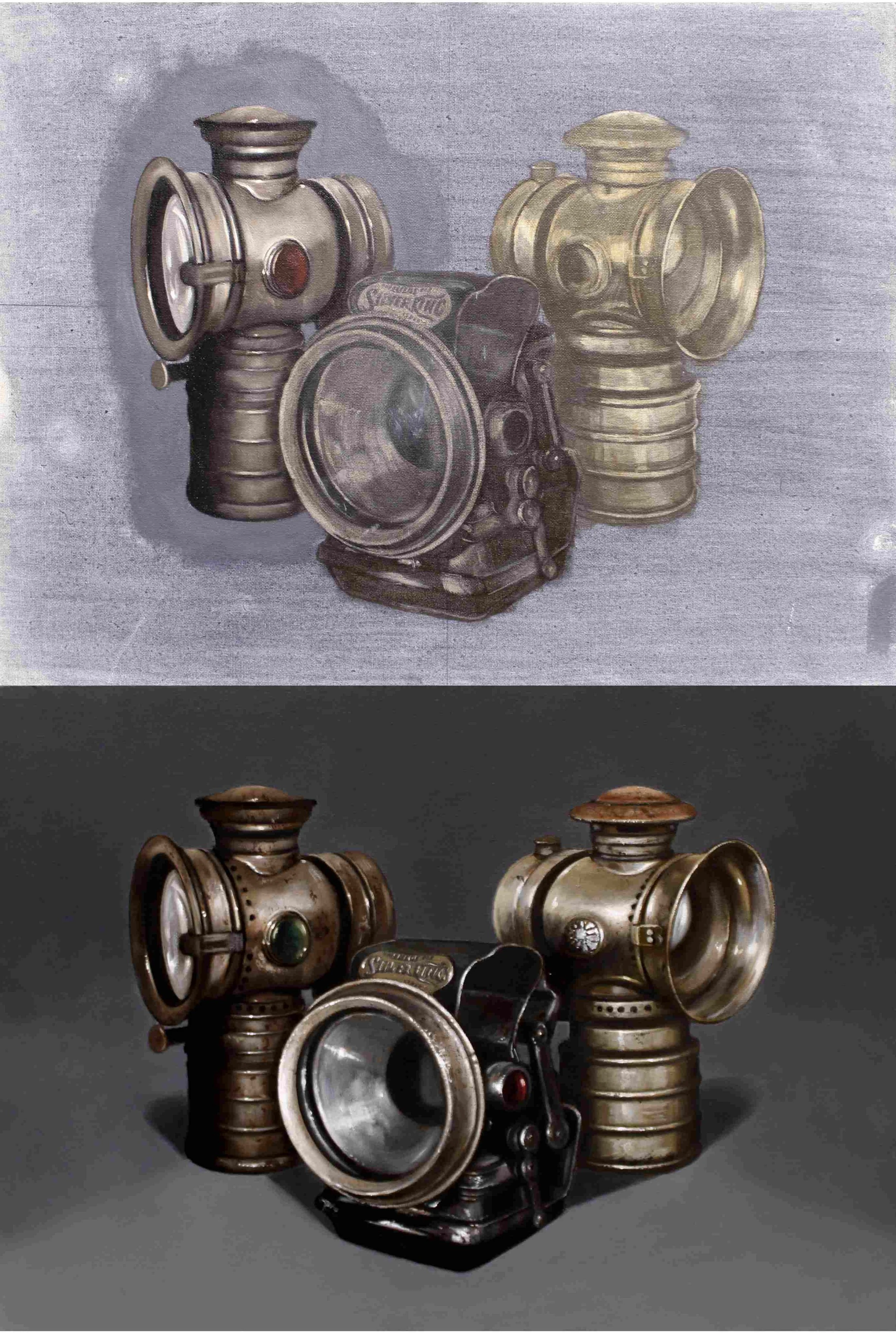 Commission in two stages of three bicycle lamps painting in oils by Mike Skidmore.