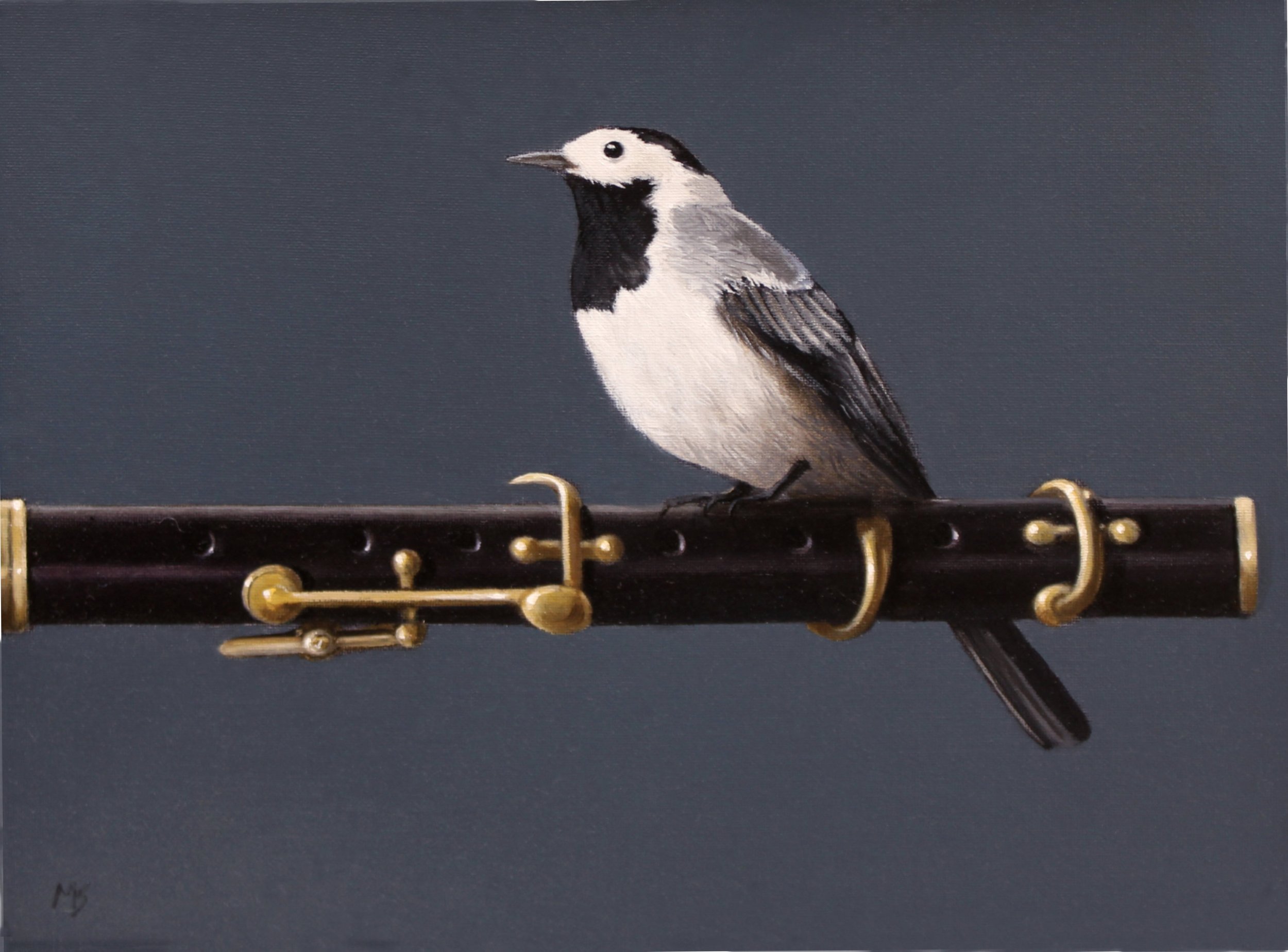 Buy an oil painting of a pied wagtail bird and flute by Mike Skidmore.