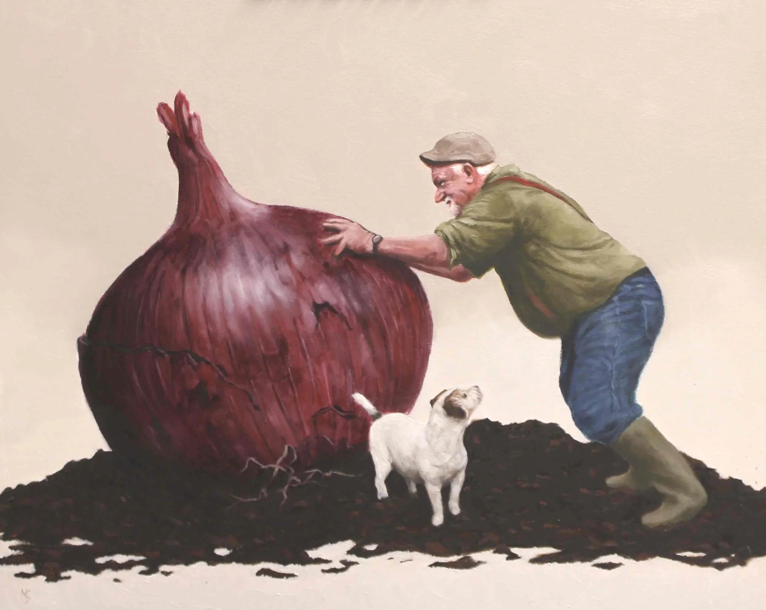 Realistic and funny illustration of a gardener try to grow vegetables to win competitions.