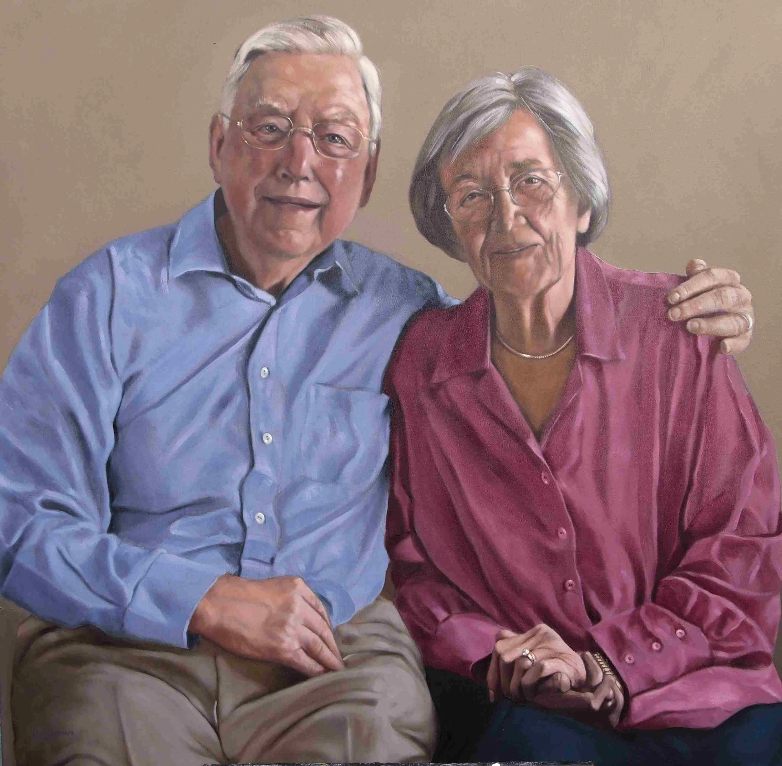 Portrait painted in oils of an elderly couple.