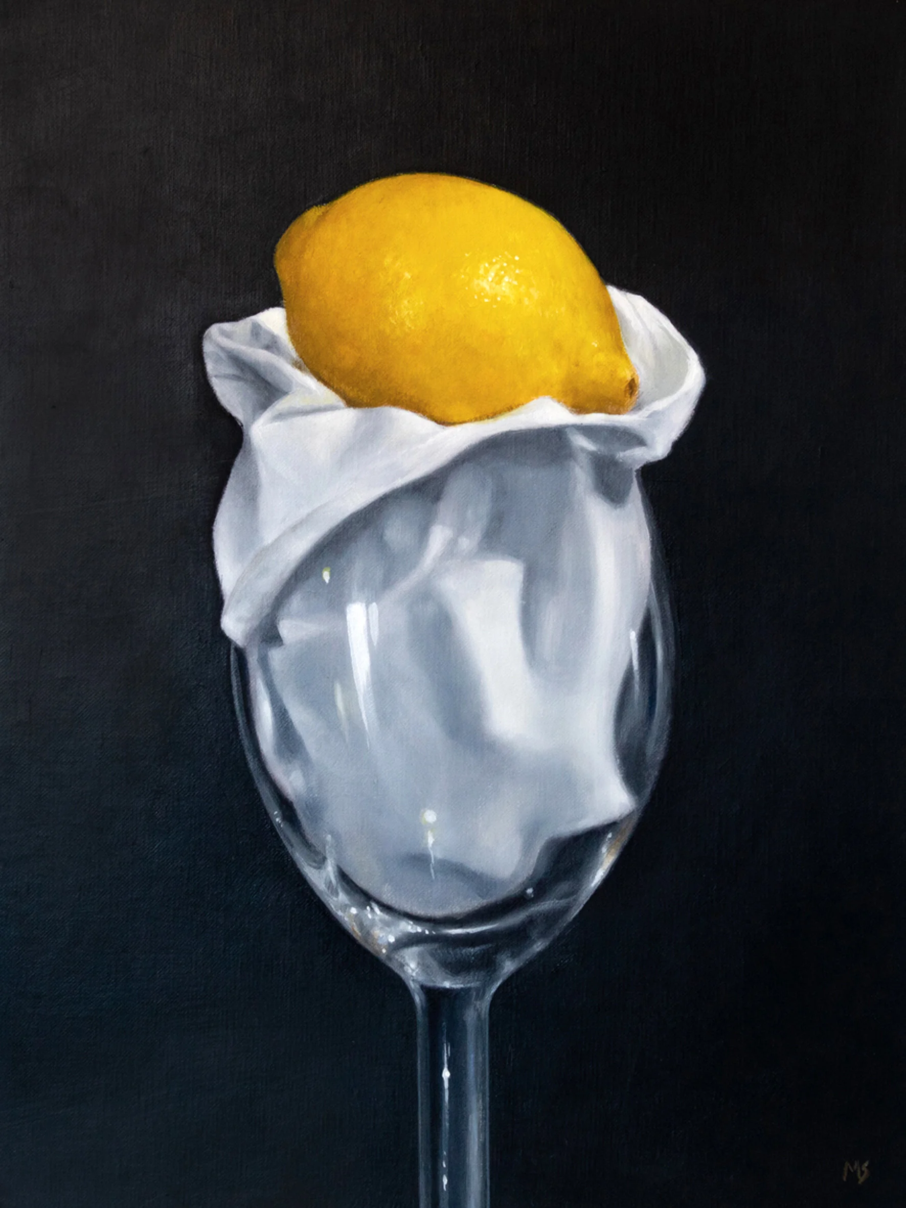 Buy an oil painting of a lemon and napkin by Mike Skidmore.