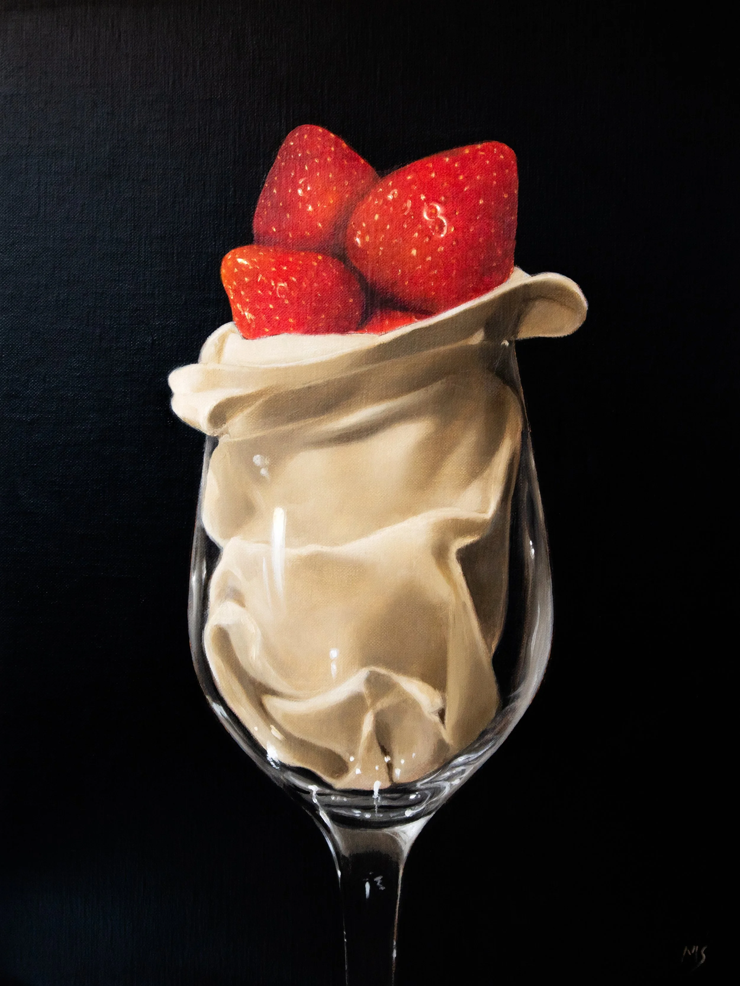 Buy a still life painting by Mike Skidmore of strawberries and cream napkin in a glass.