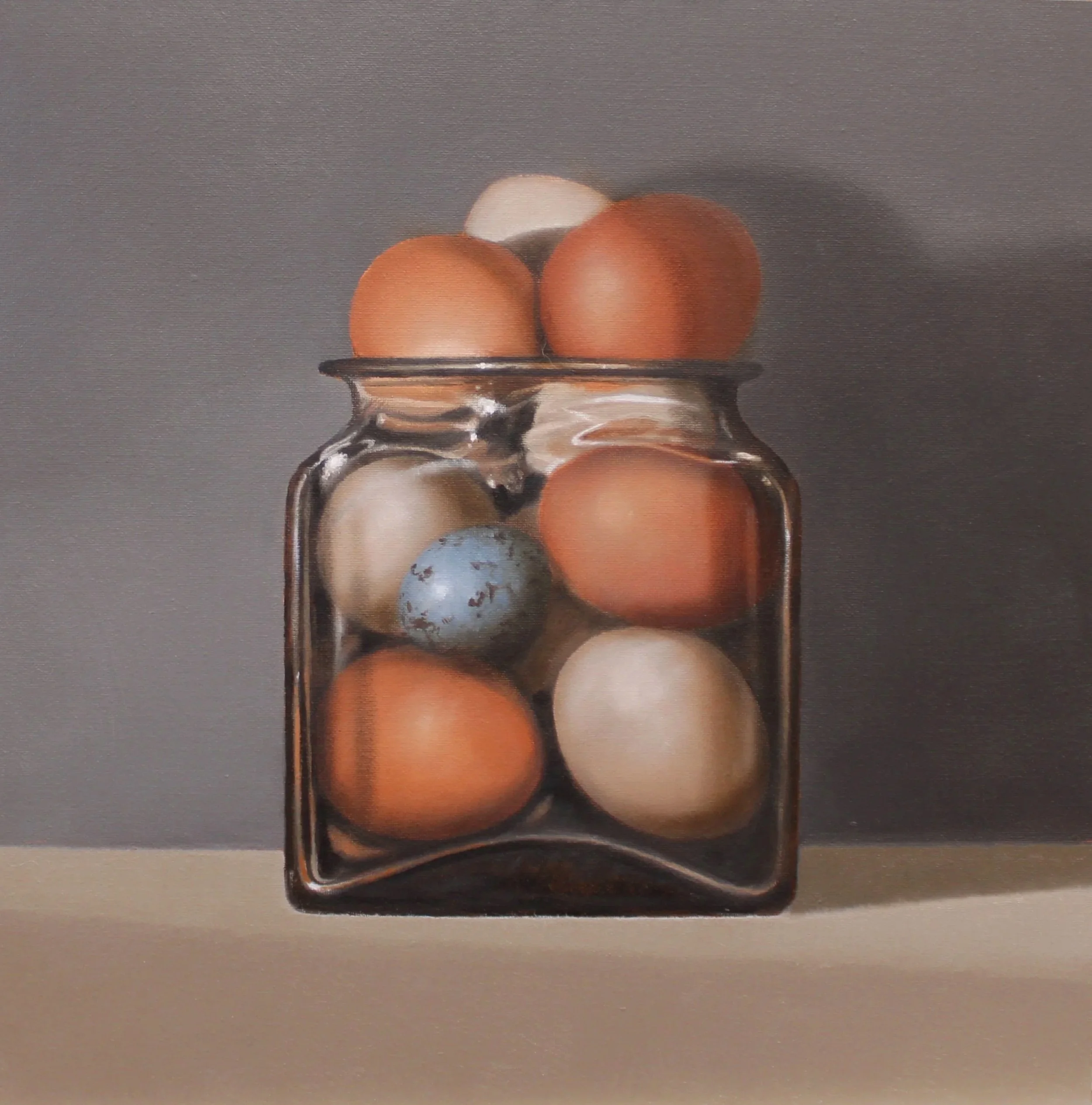 Contemporary still life of eggs in a glass jar by Mike Skidmore.