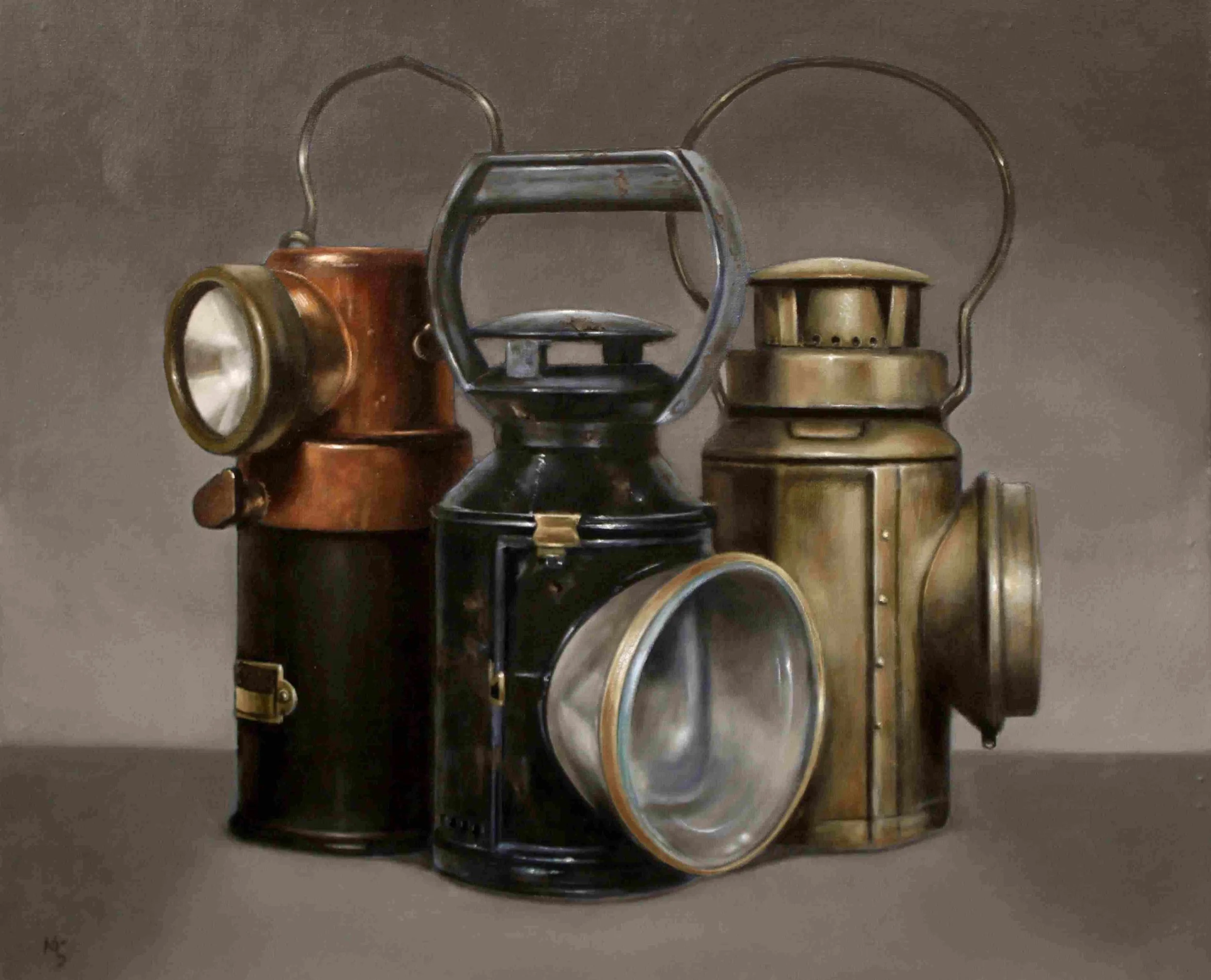 Three old railways lamps oil painting.