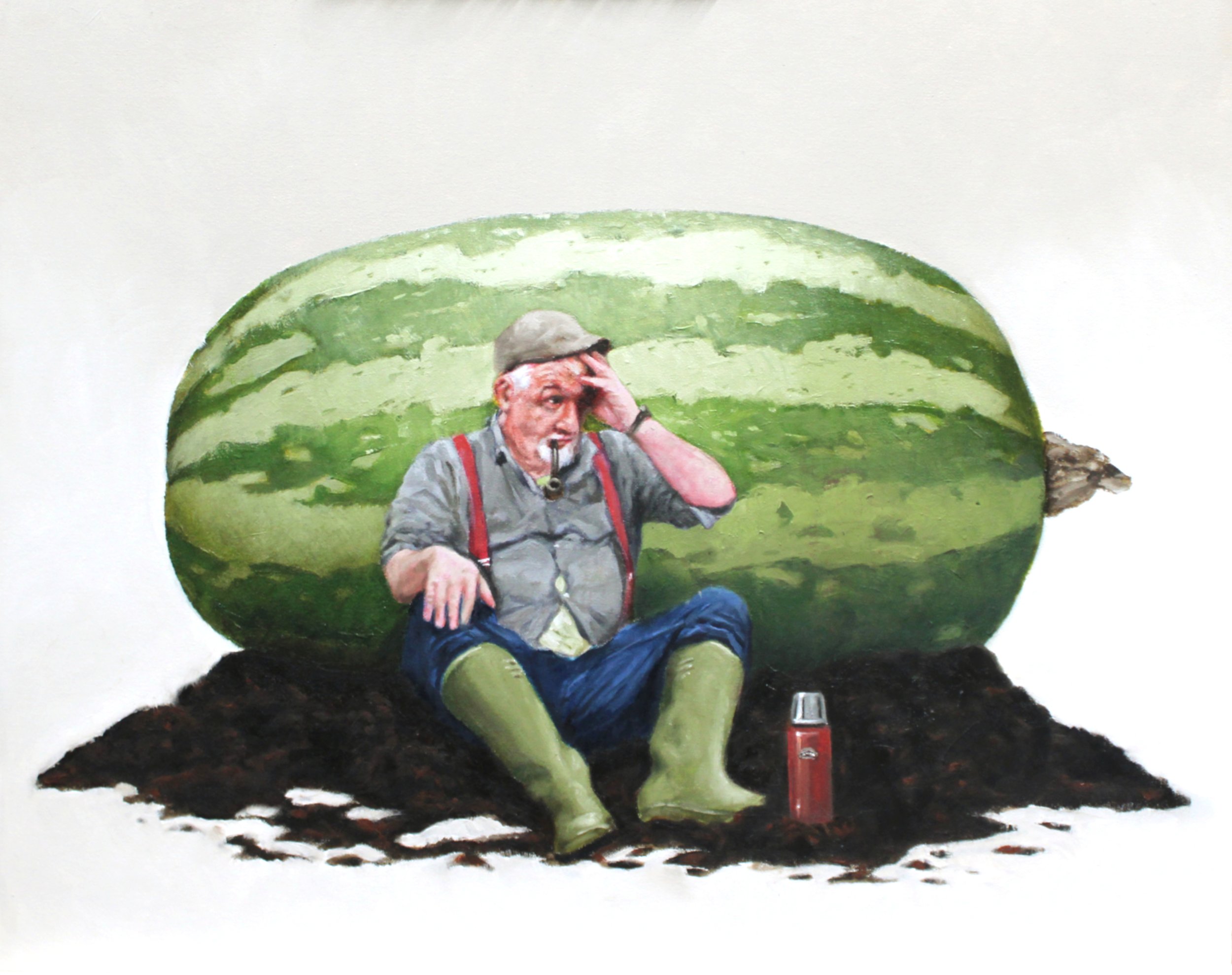 Humorous painting of a gardener who can’t believe the size of his marrow.