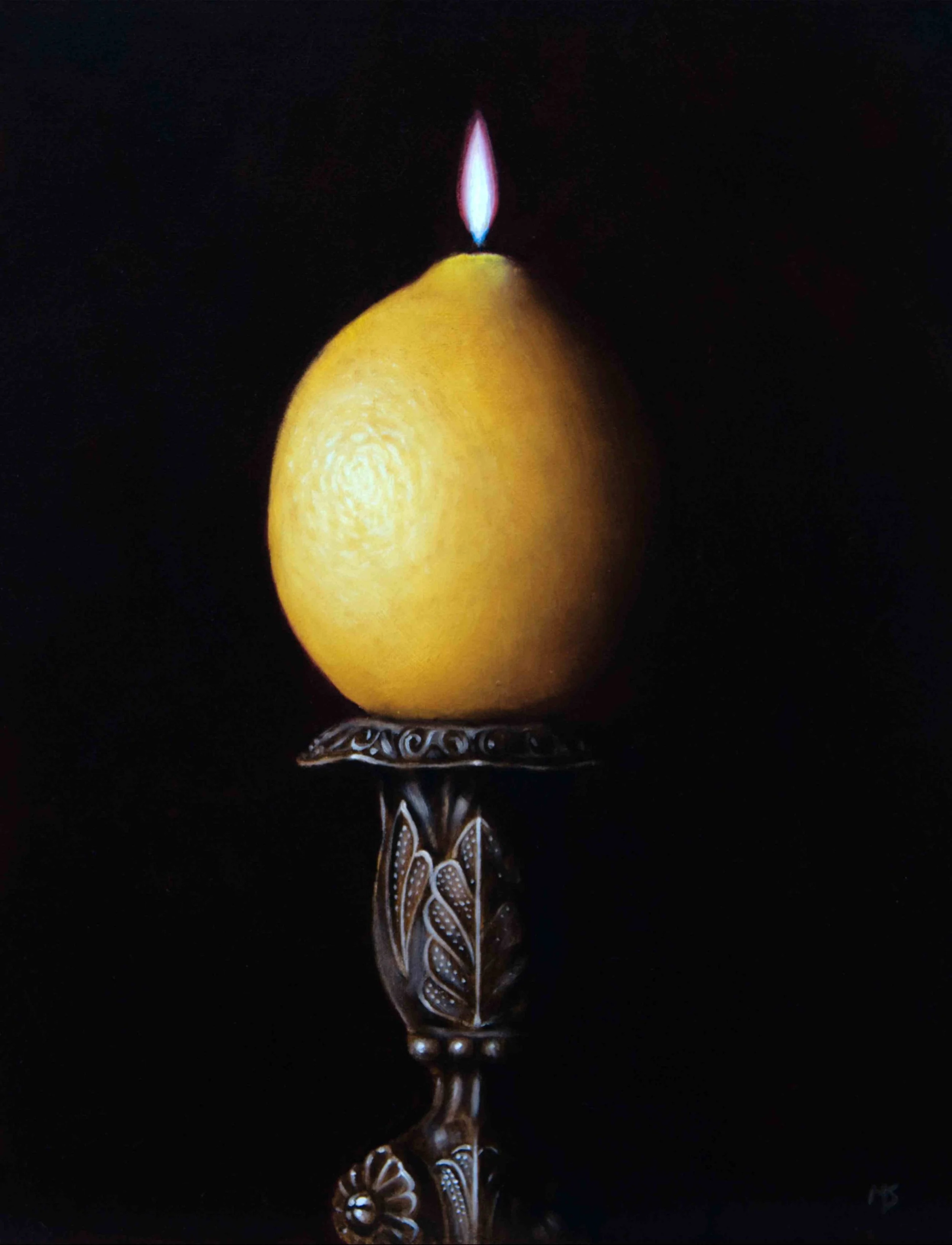 Oil painting of a lemon burning on a candlestick.