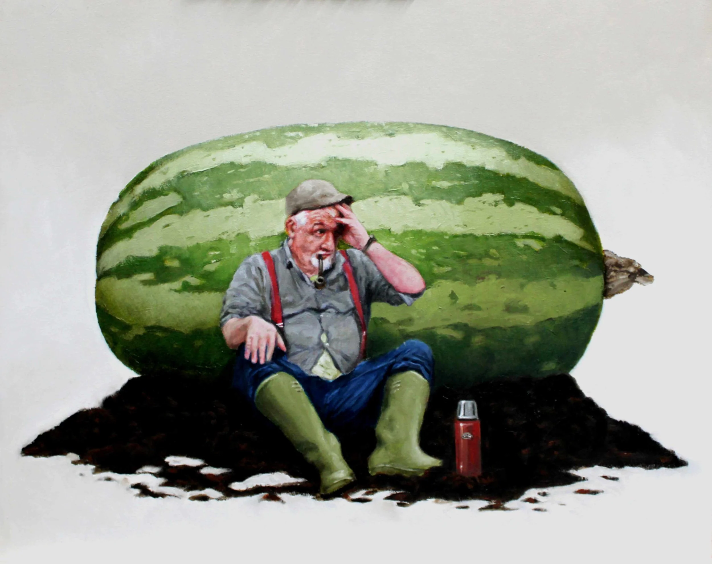 Realistic and funny illustration of a gardener try to grow vegetables to win competitions.