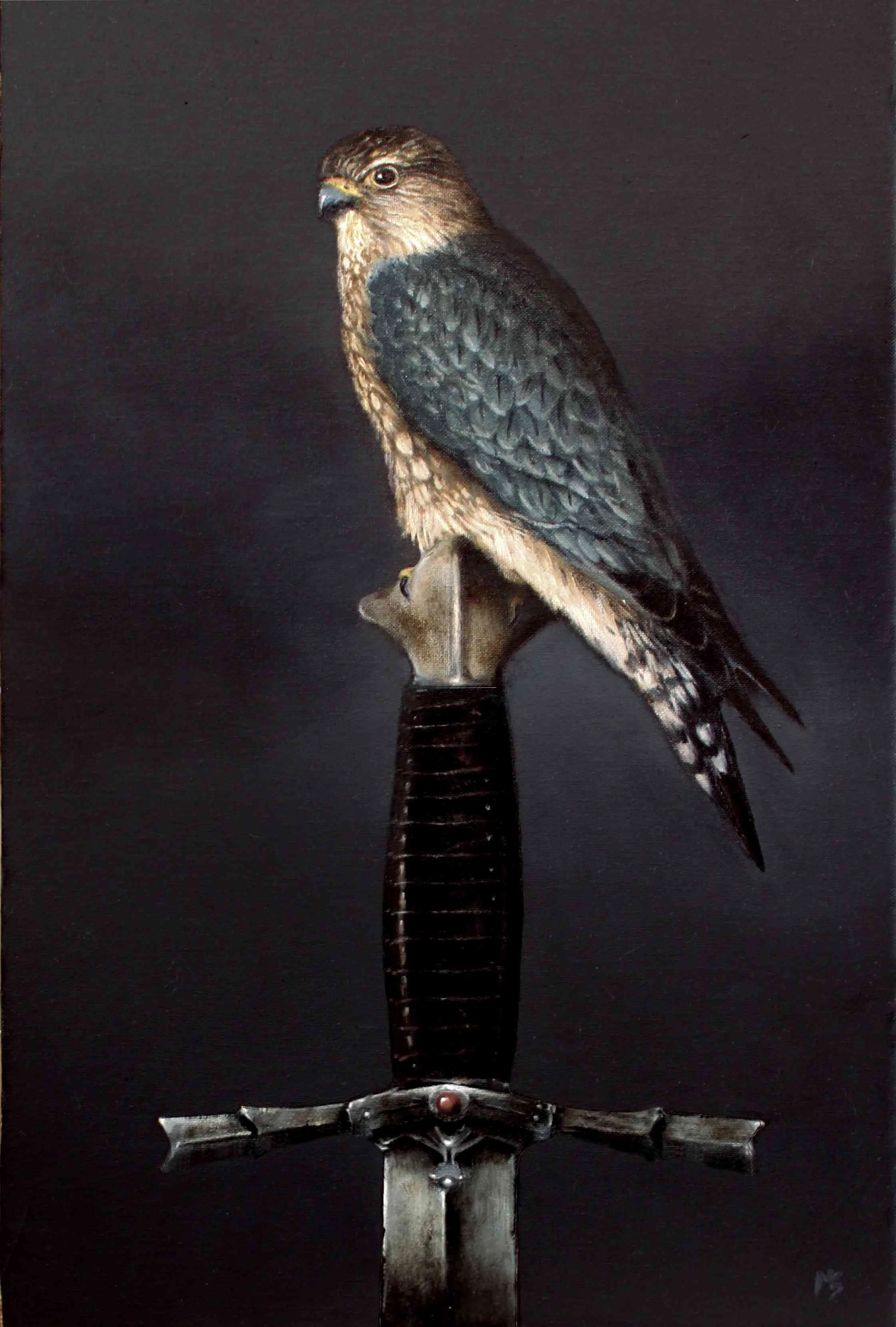 Oil painting of a merlin hawk perched on Excalibur.
