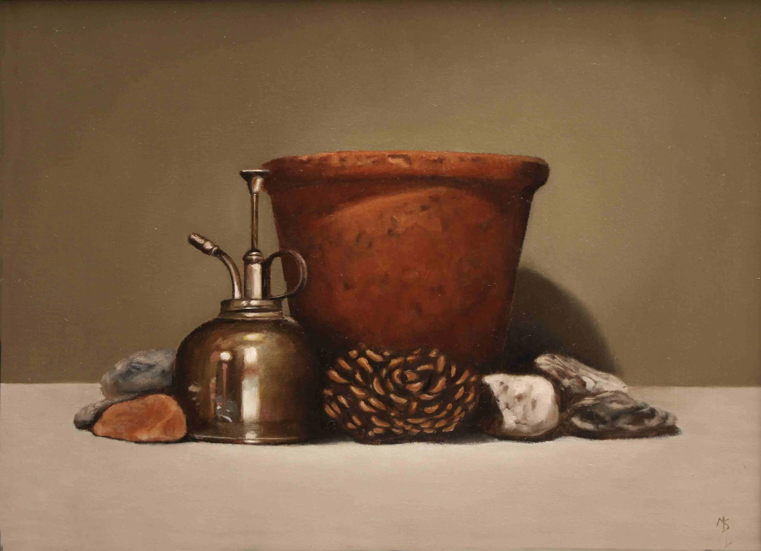 Still life painting of terracotta plant pot, pine cones and pebbles.
