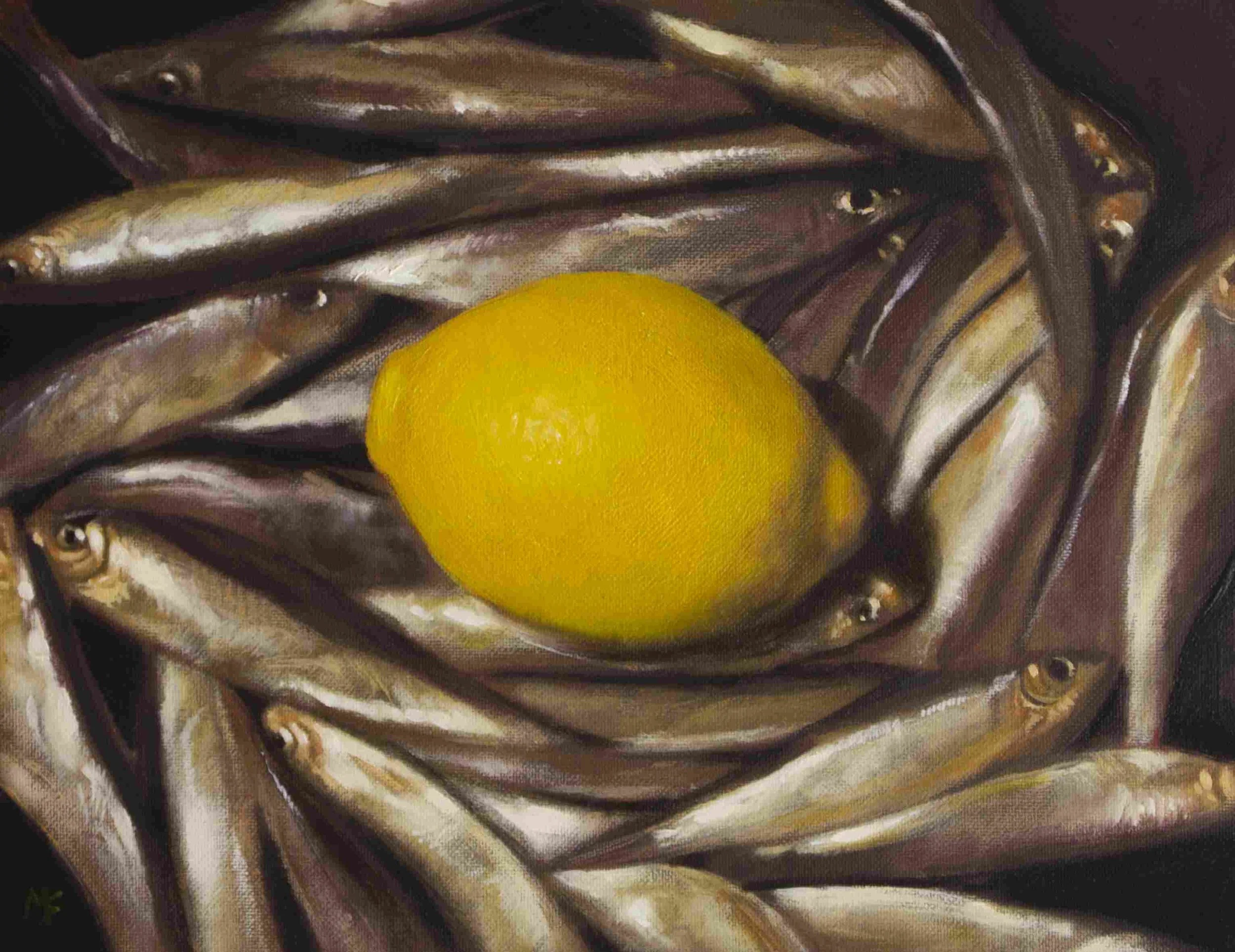 Lemon resting on a bed of sprats oil painting.