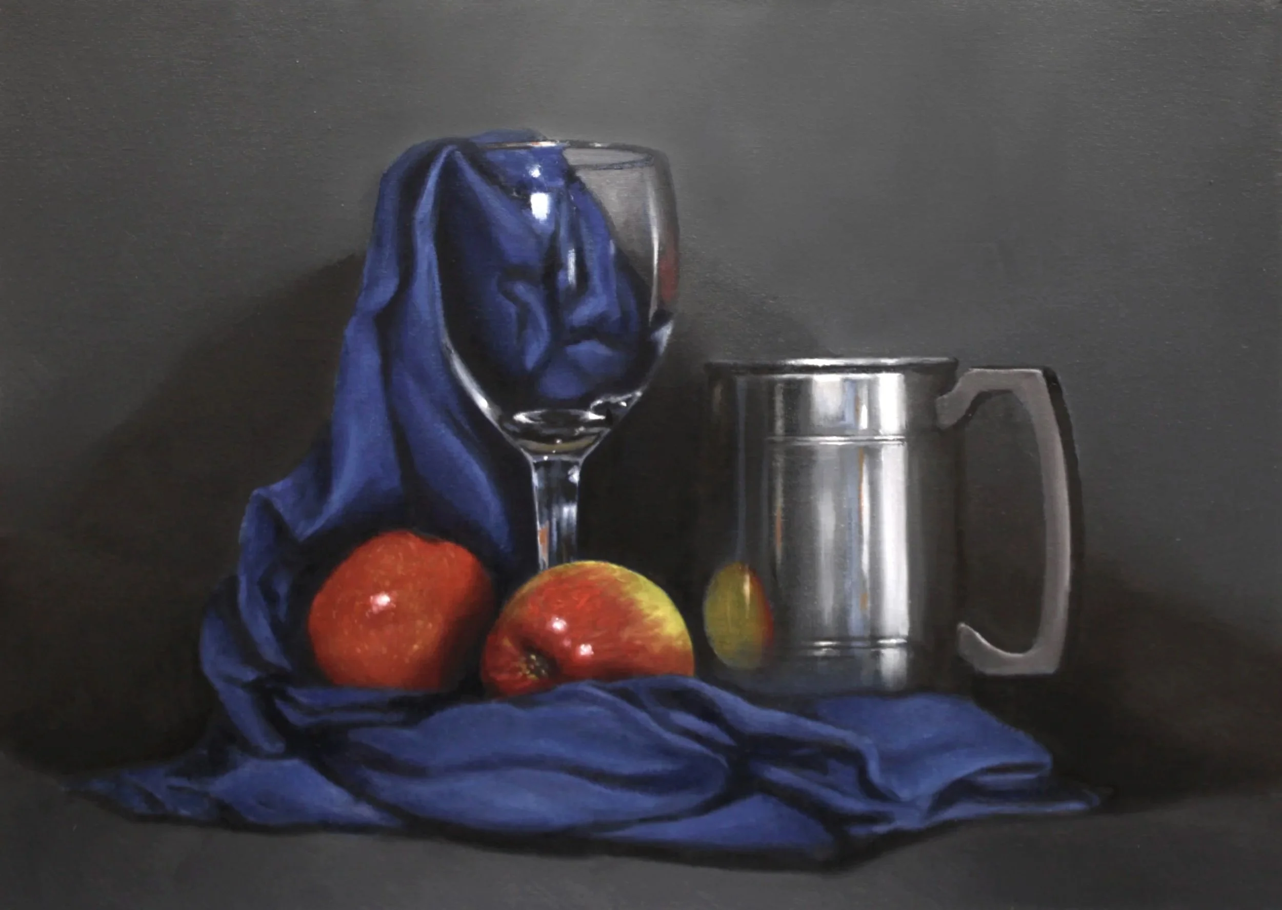 Classical still life in oils of a tankard, glass, apples and cloth painted by artist Mike Skidmore..