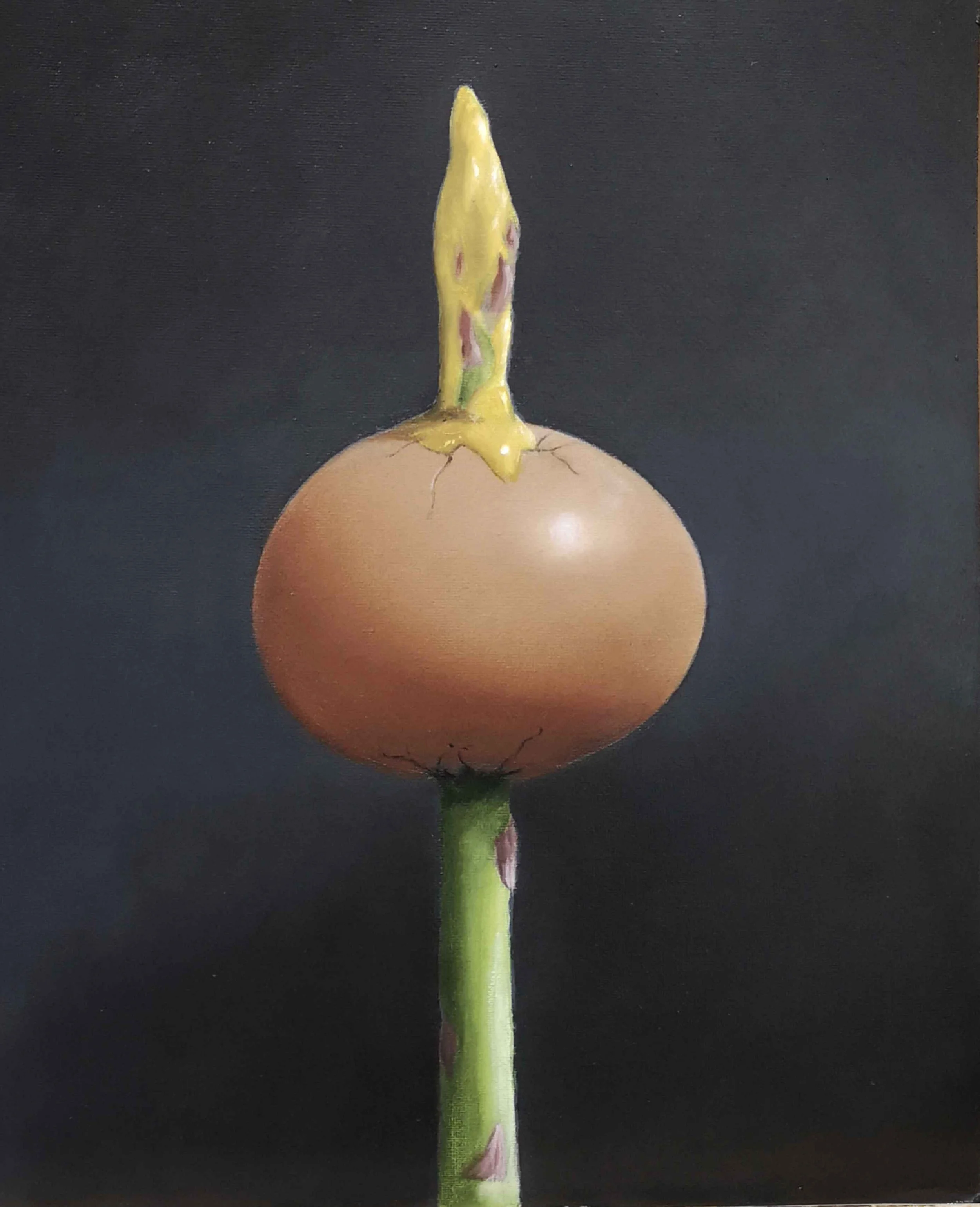 Surreal still life in oils of asparagus piercing an eggshell.
