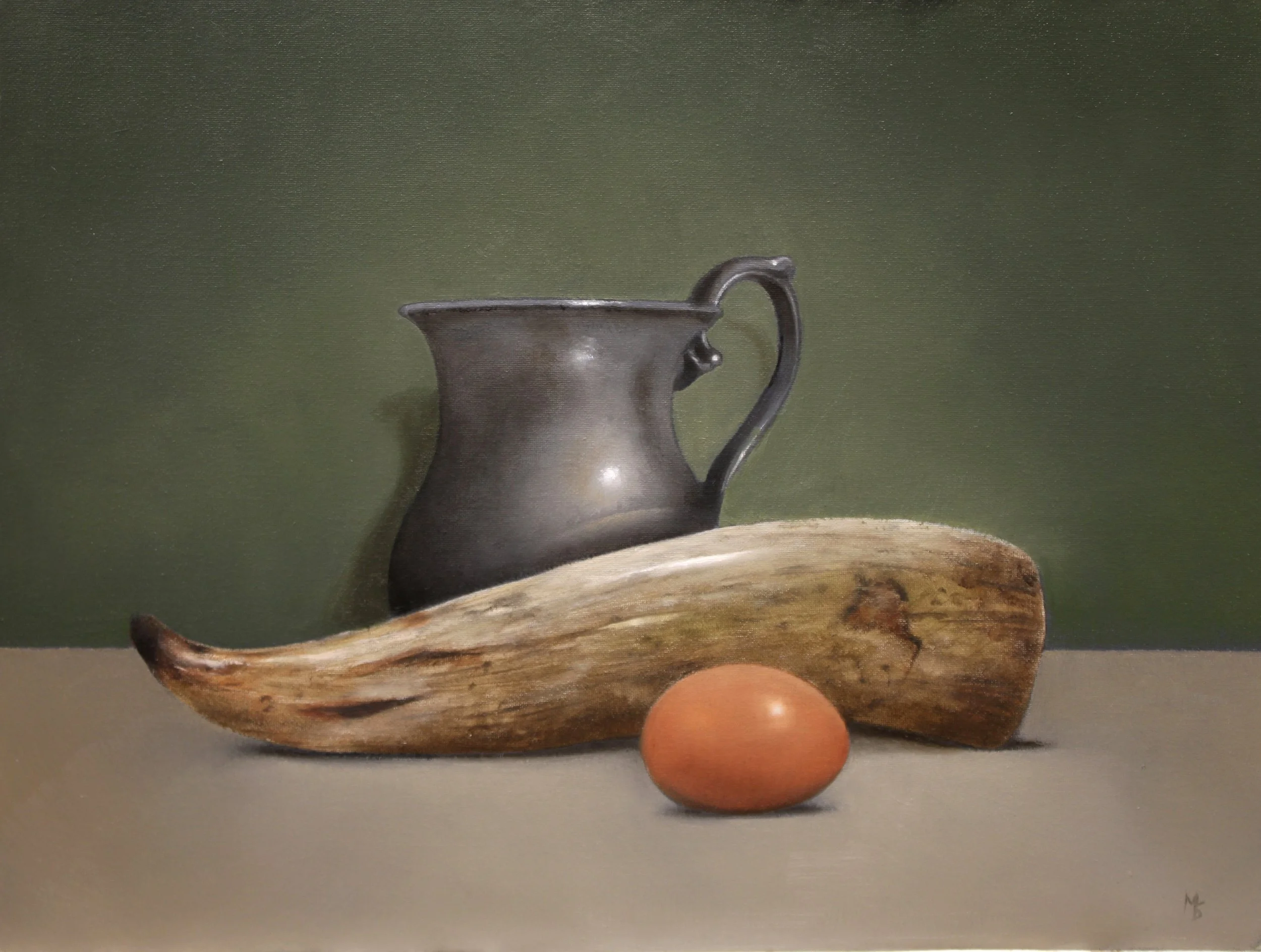 Still life oil painting of bulls hor, tankard and egg by Mike Skidmore.