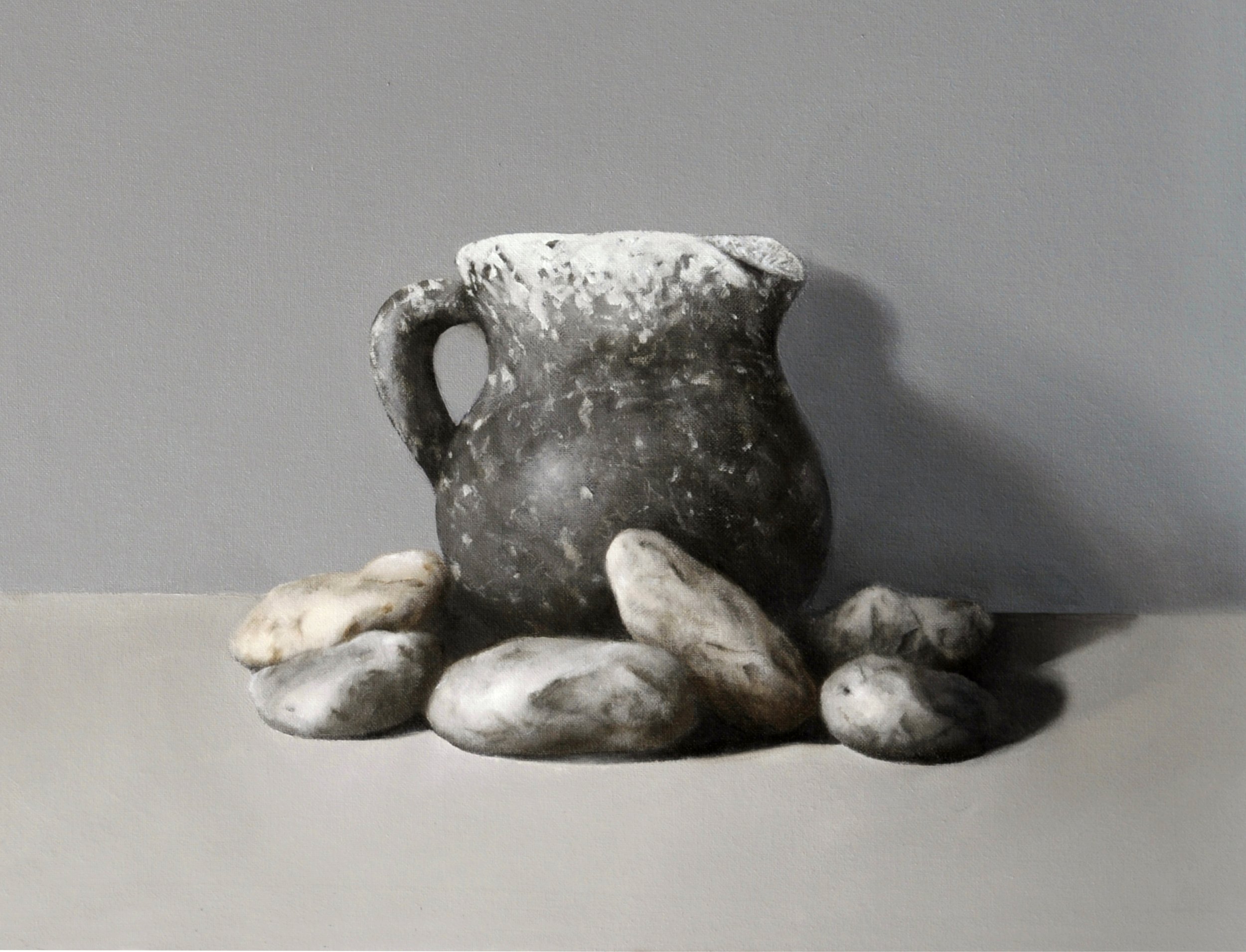 Monotone still life of a grey jug and stones by Mike Skidmore for sale.