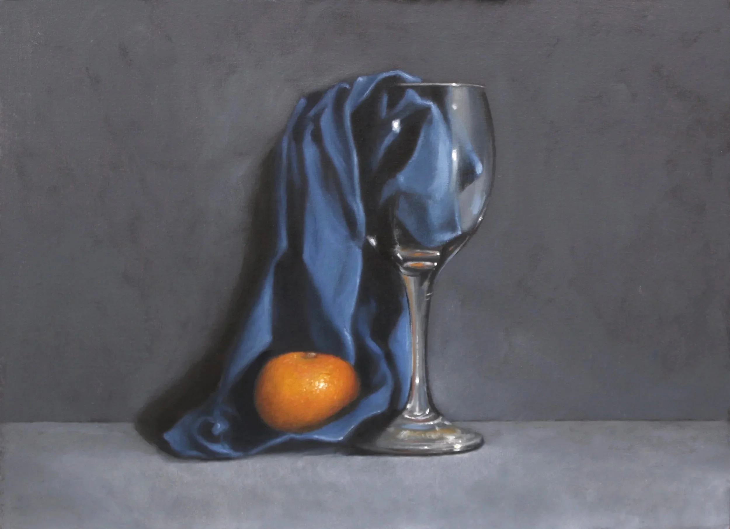 Buy a still life oil painting of a glass, tangerine draped in a blue cloth.