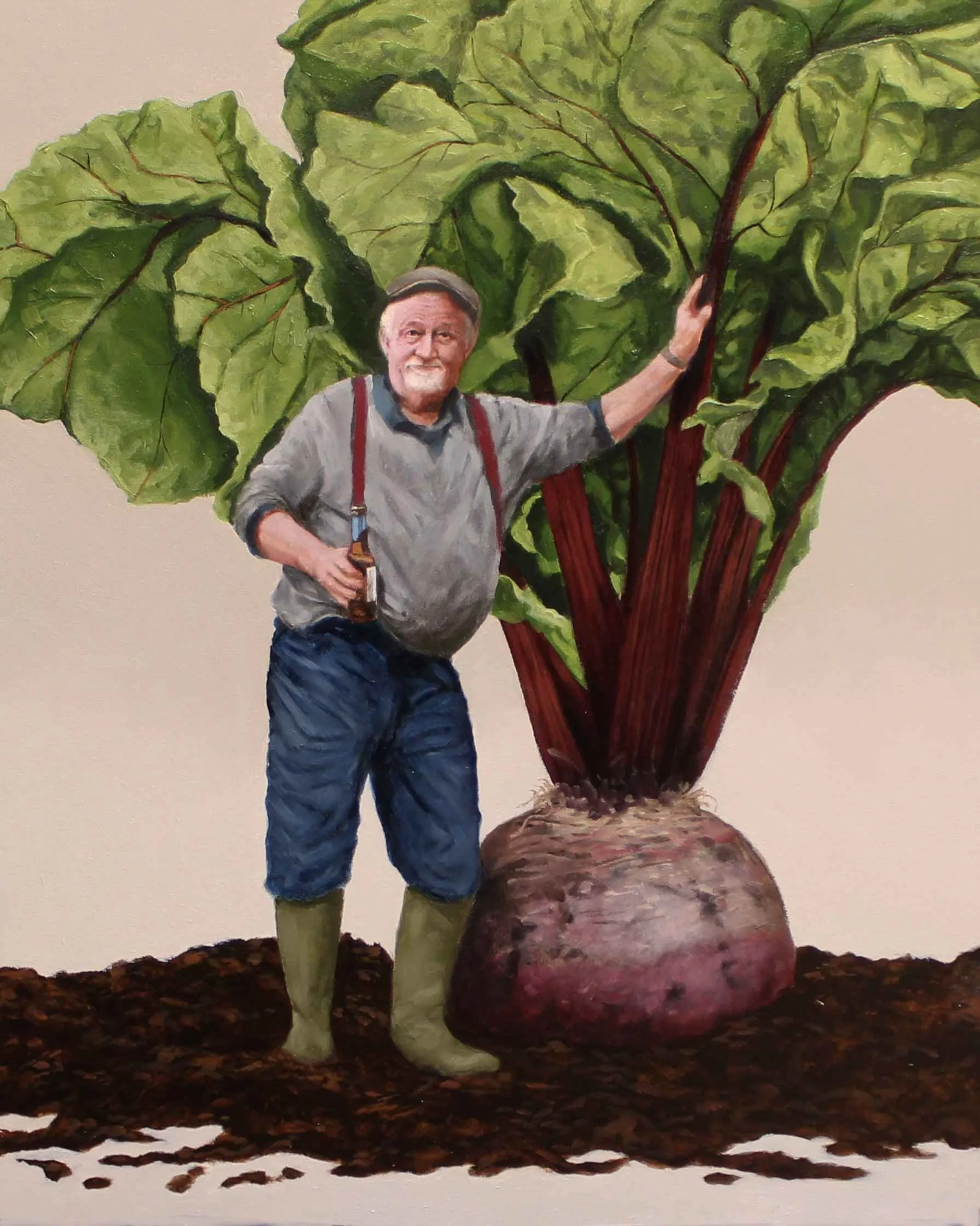 Realistic and funny illustration of a gardener try to grow vegetables to win competitions.