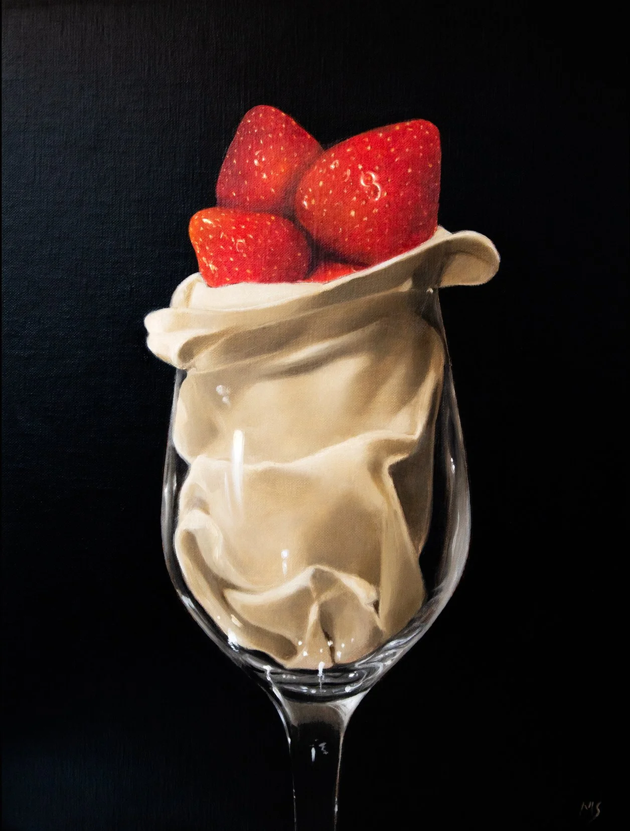 Oil painting still life with strawberries and cream cloth.