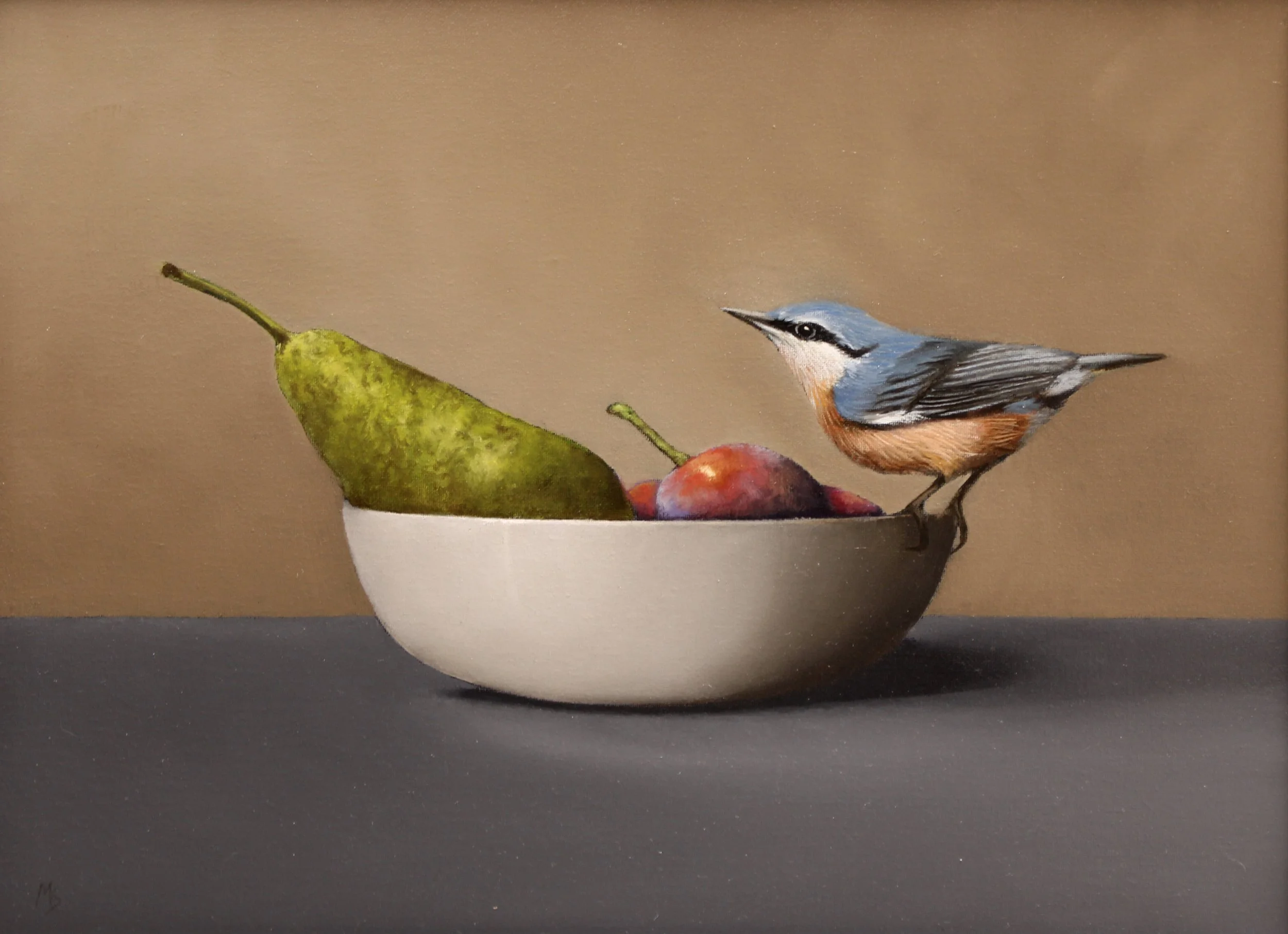 By a painting of a nuthatch on a bowl of fruit by Mike Skidmore.