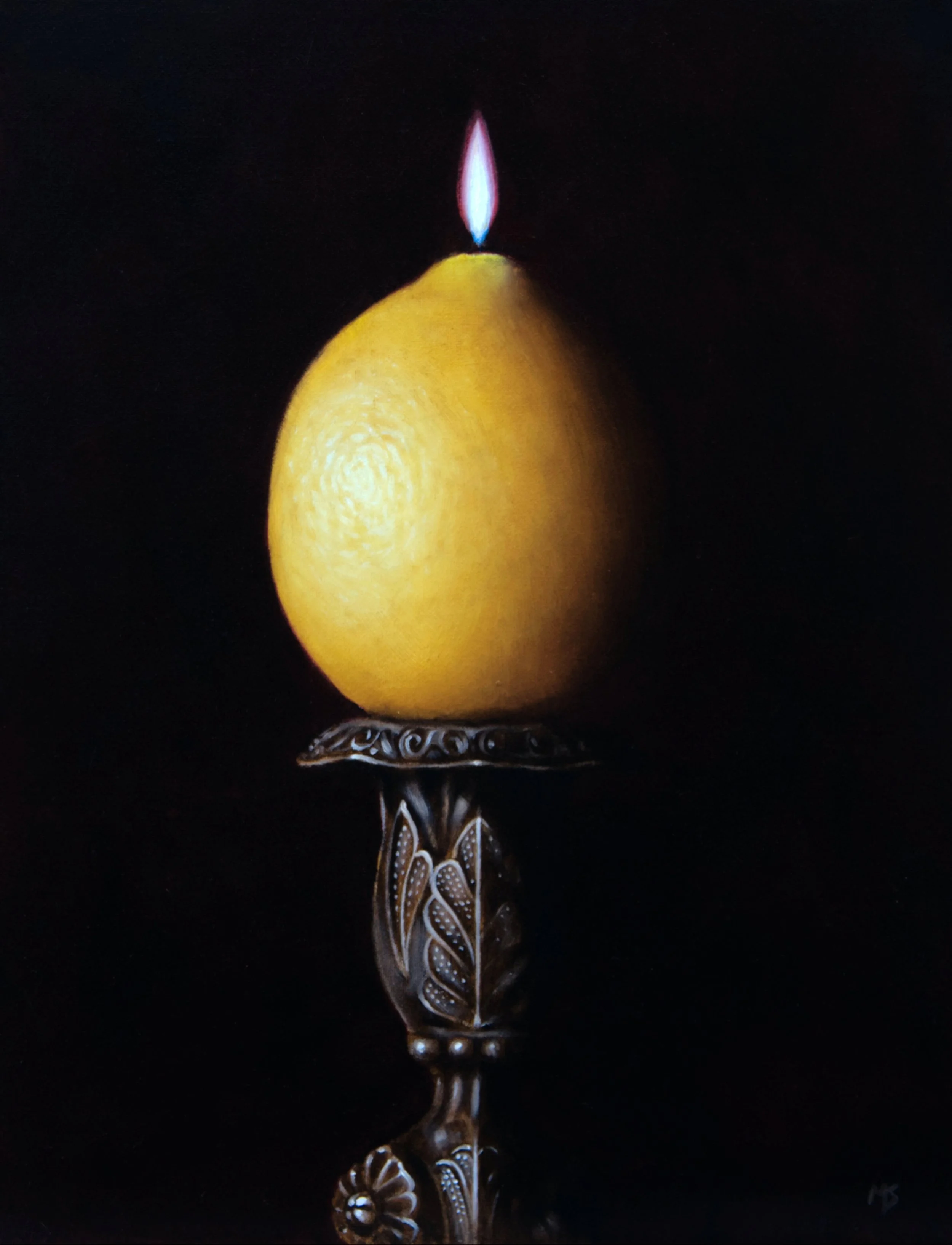 Surreal still life of a lemon alight on a candlestick by Mike Skidmore.