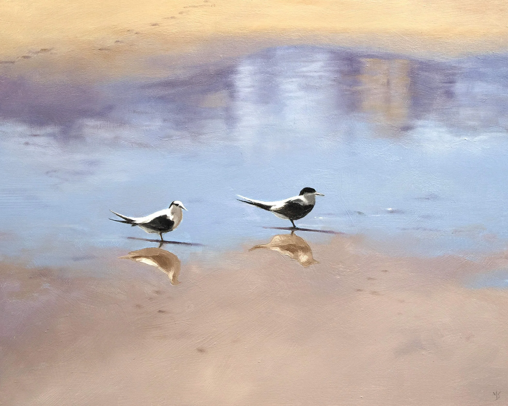 Birds painted in oils on a beach in Australian catching the sun.