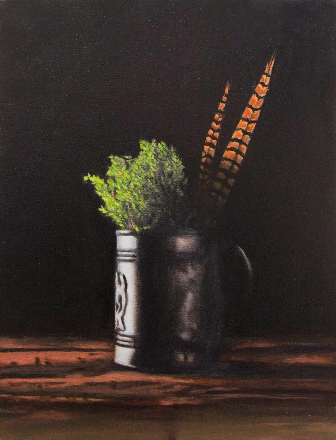 Classical still life of an old tankard holding pheasant tails by Mike Skidmore.