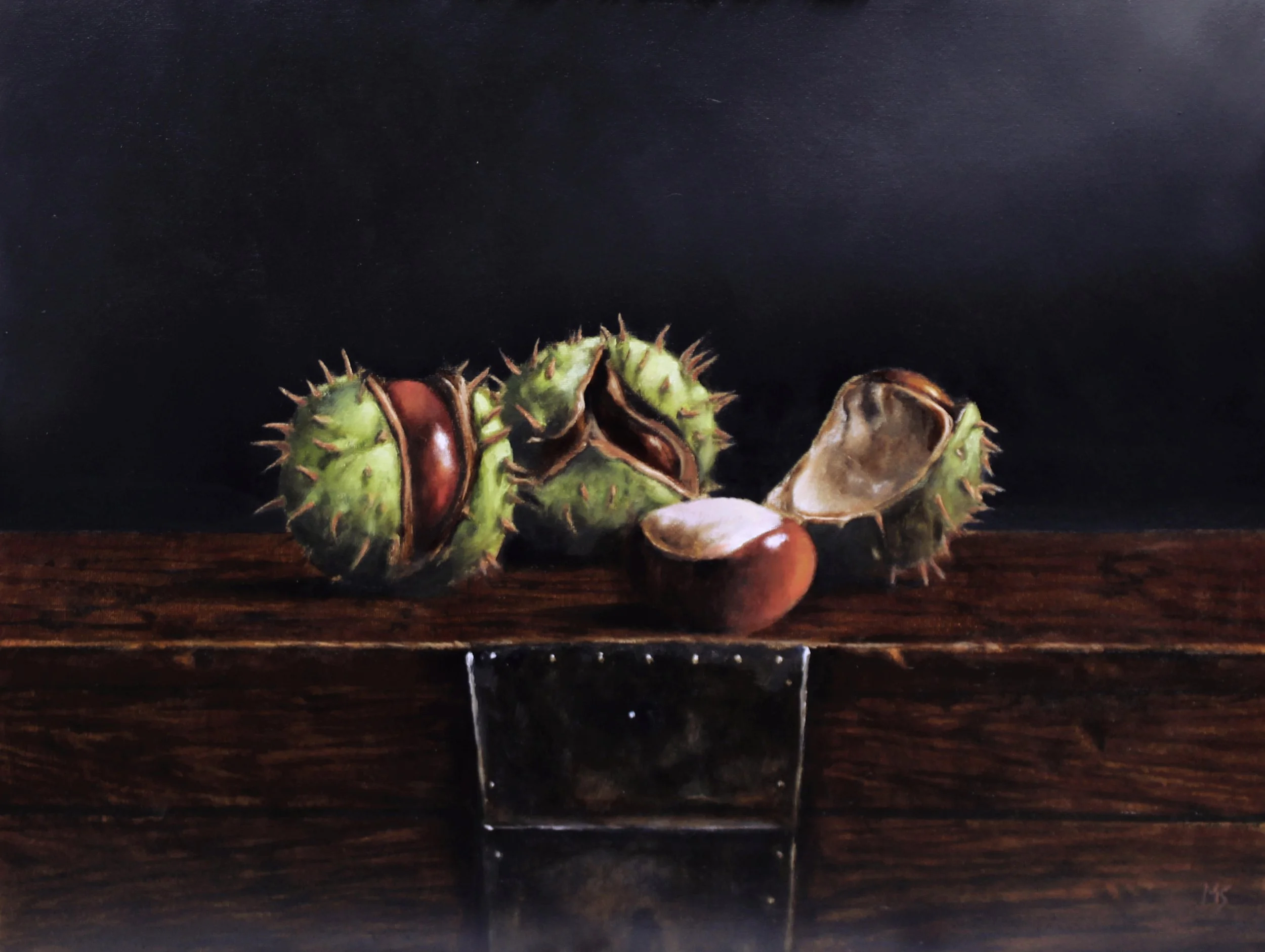Still life in oils of chestnuts by Mike Skidmore.