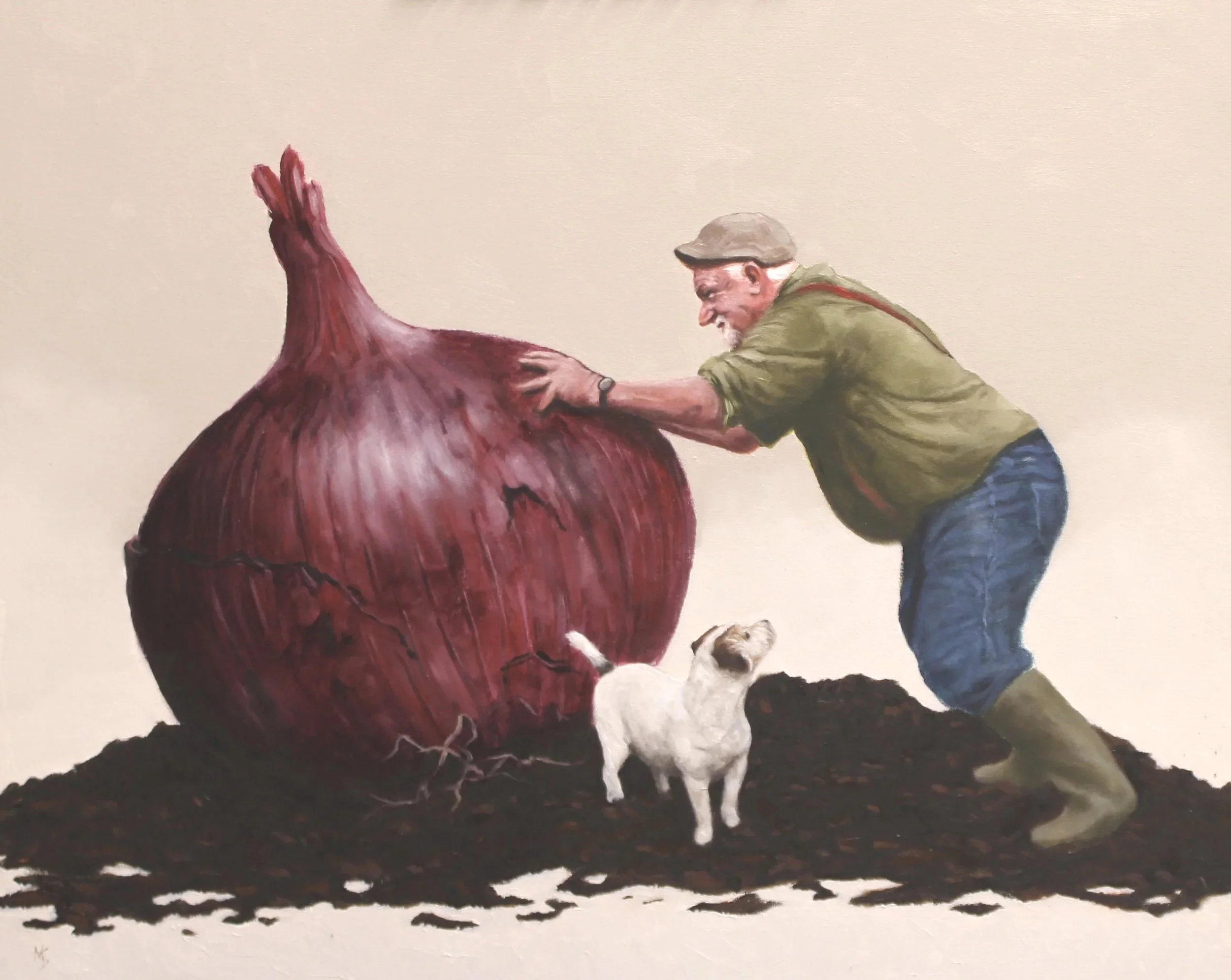 Humorous painting of a gardener trying to move a giant onion.