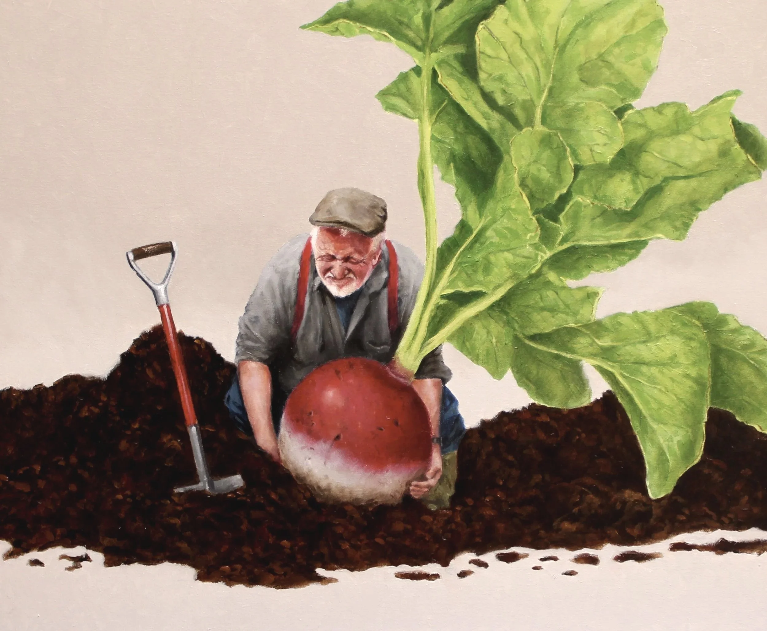 Humorous painting of a gardener trying to lift a gigantic radish.