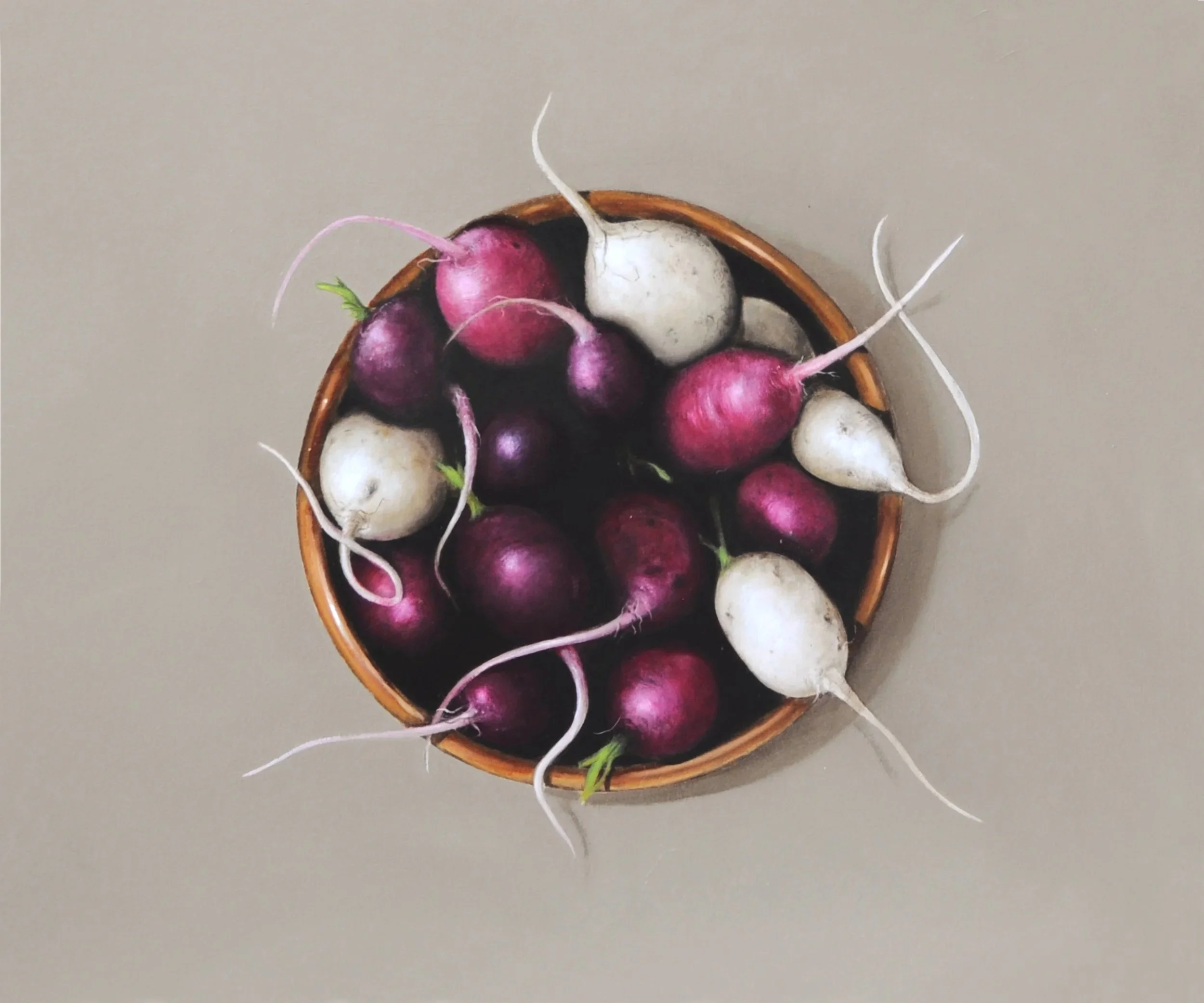 By a large still life in oils of radishes in a bowl by Mike Skidmore