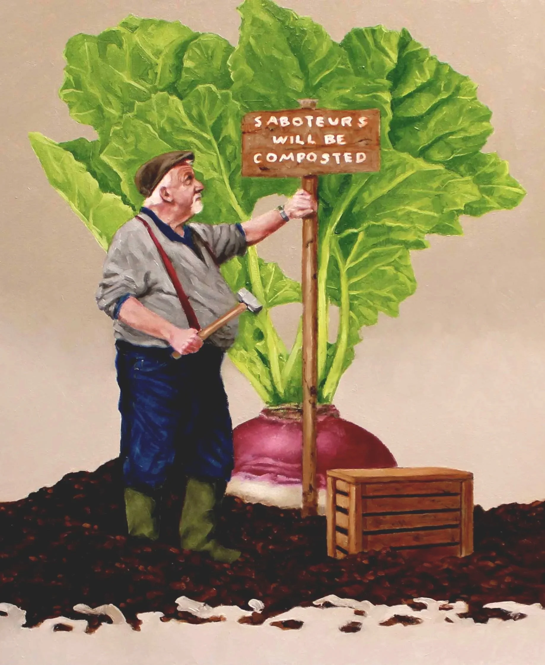 Realistic and funny illustration of a gardener try to grow vegetables to win competitions.