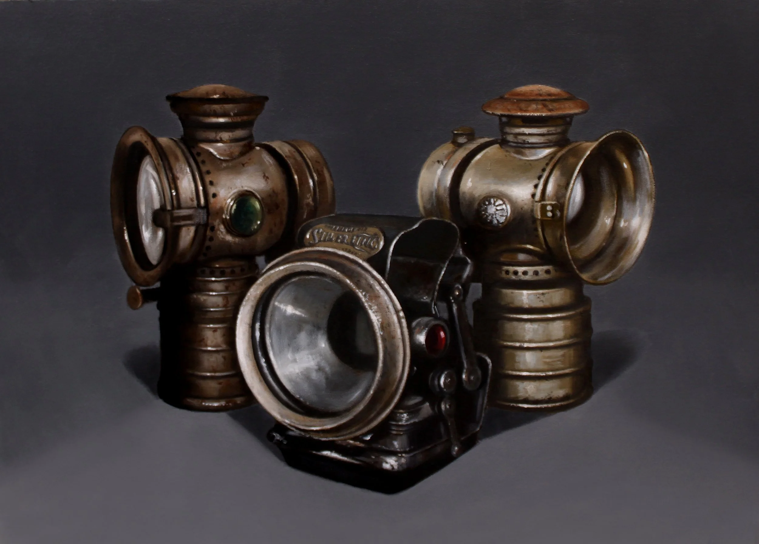 Three old bicycle lamps still life in oils.