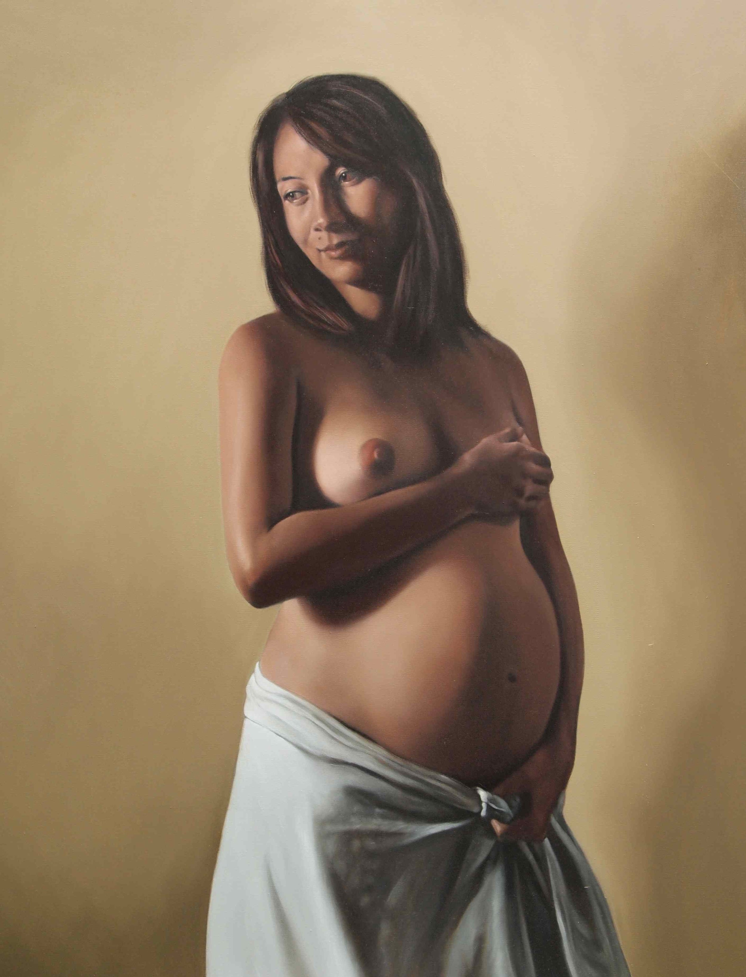 Life study in oils of a pregnant woman wearing a white drape.