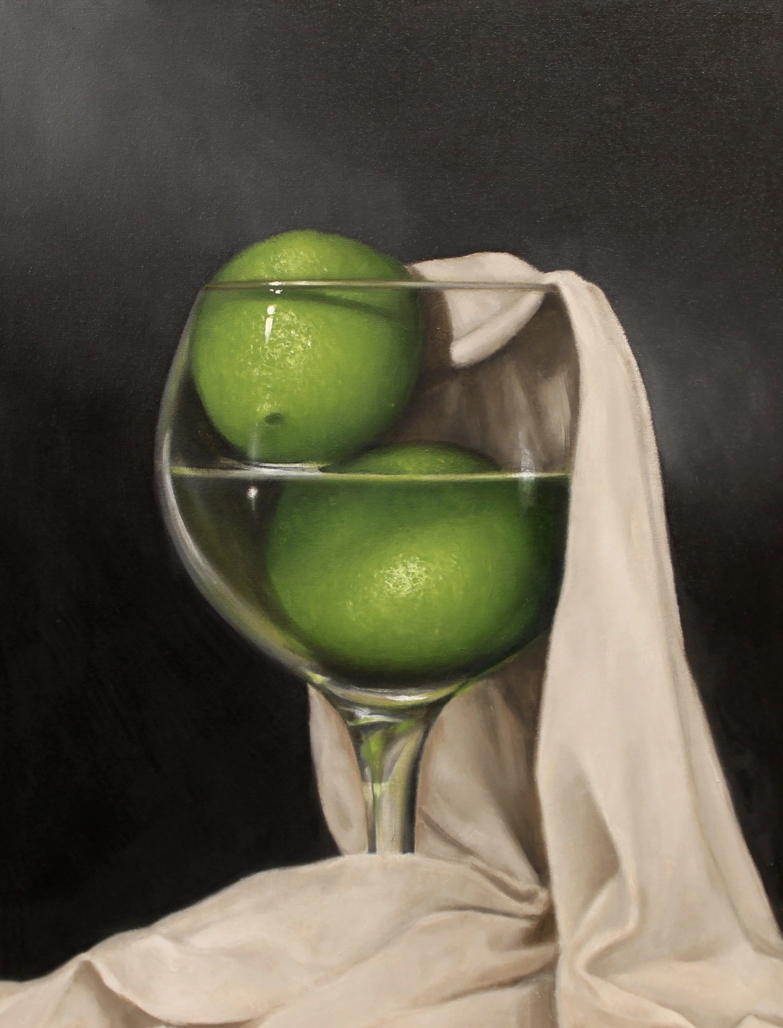 Oil painting of two limes and a cream cloth by Mike Skidmore.