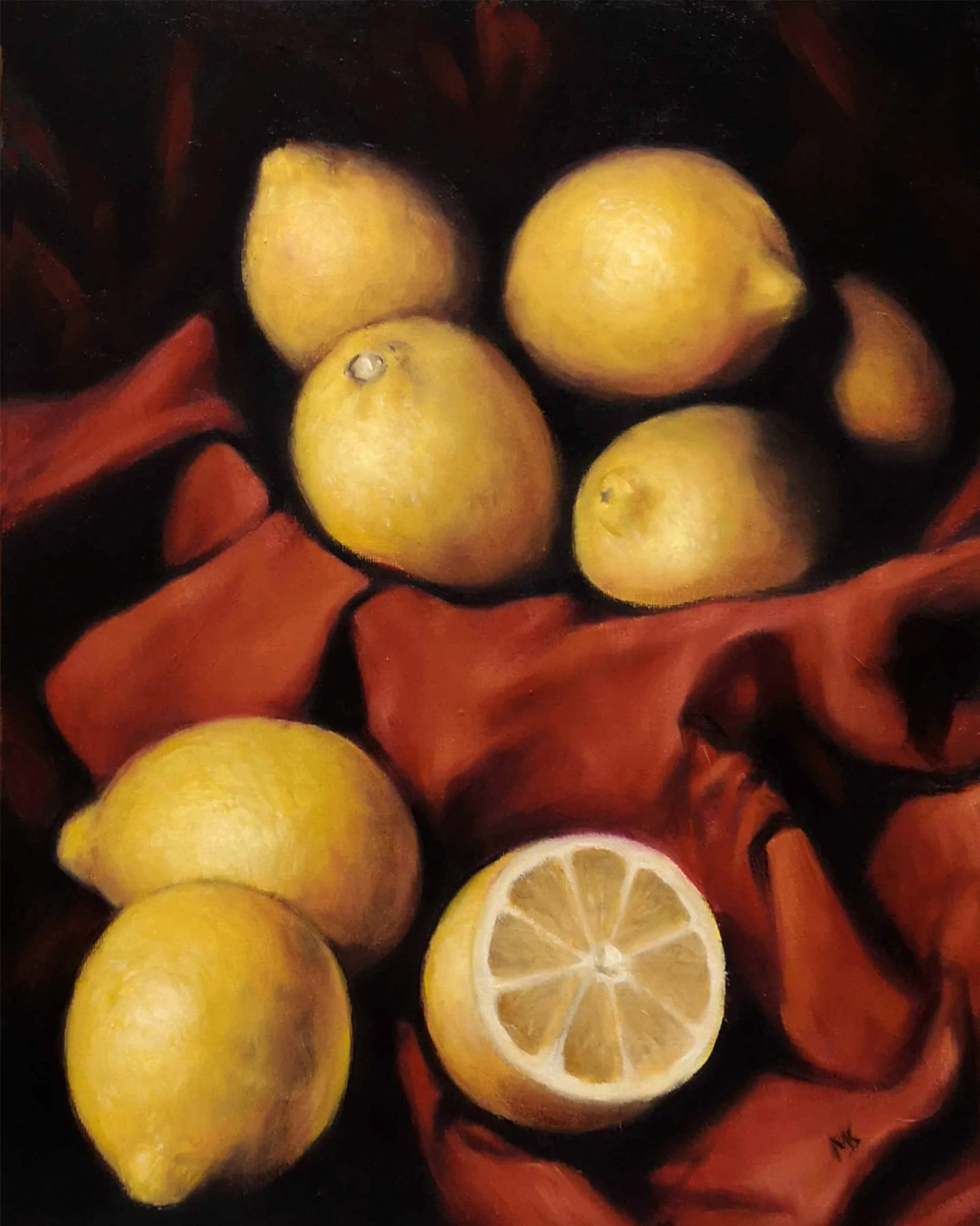 Oil painting of lemons on a red cloth.