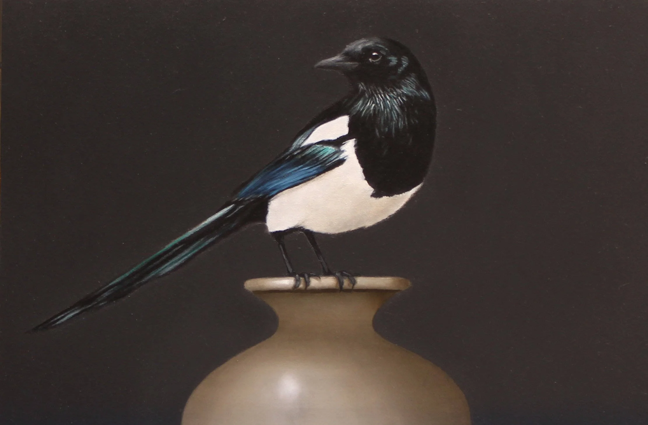 Magpie perched on a cream vase bird painting in oils.